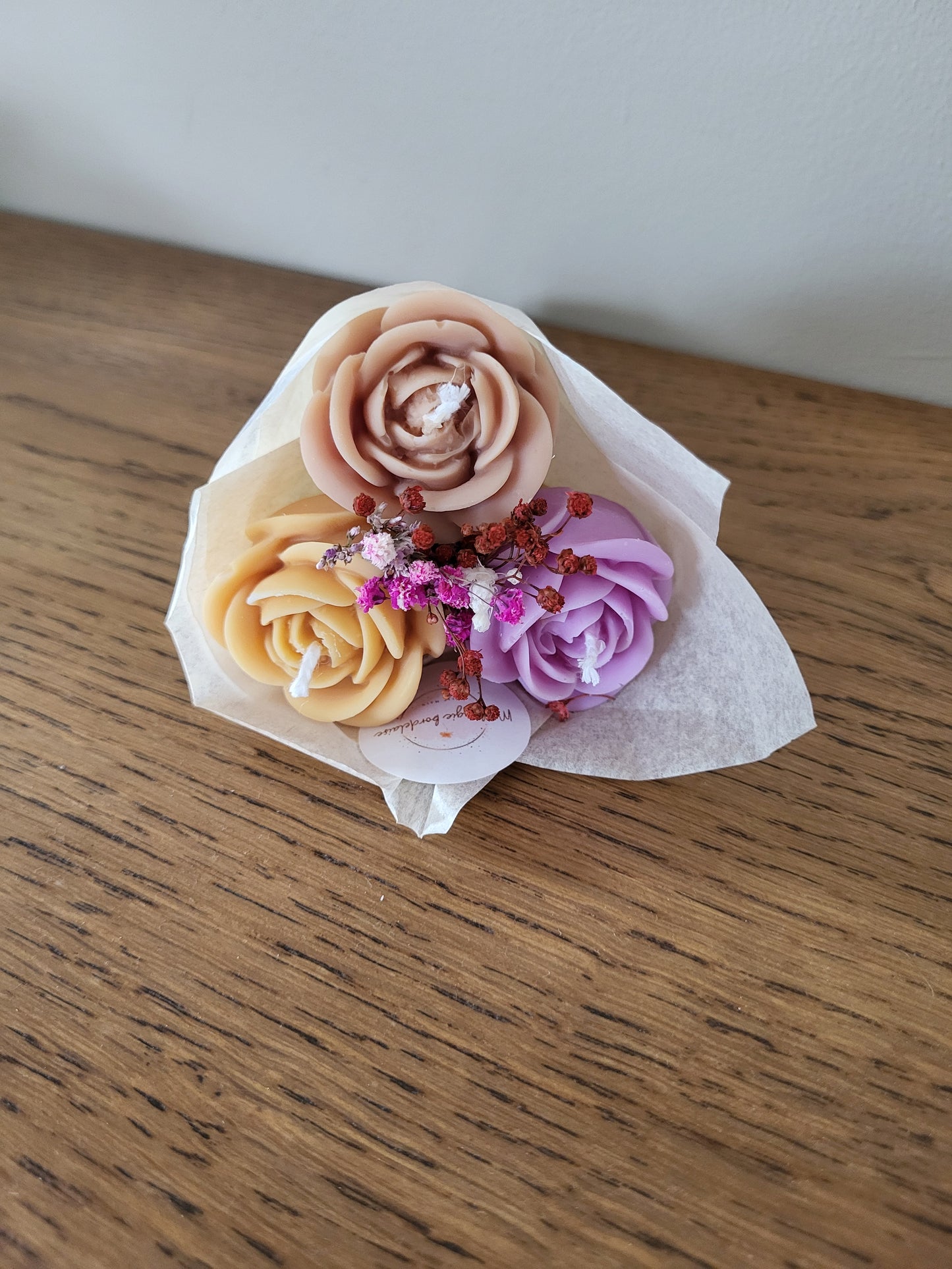 Bouquet de 3 roses ouvertes en bougies - taille S (violet-marron-bronze)