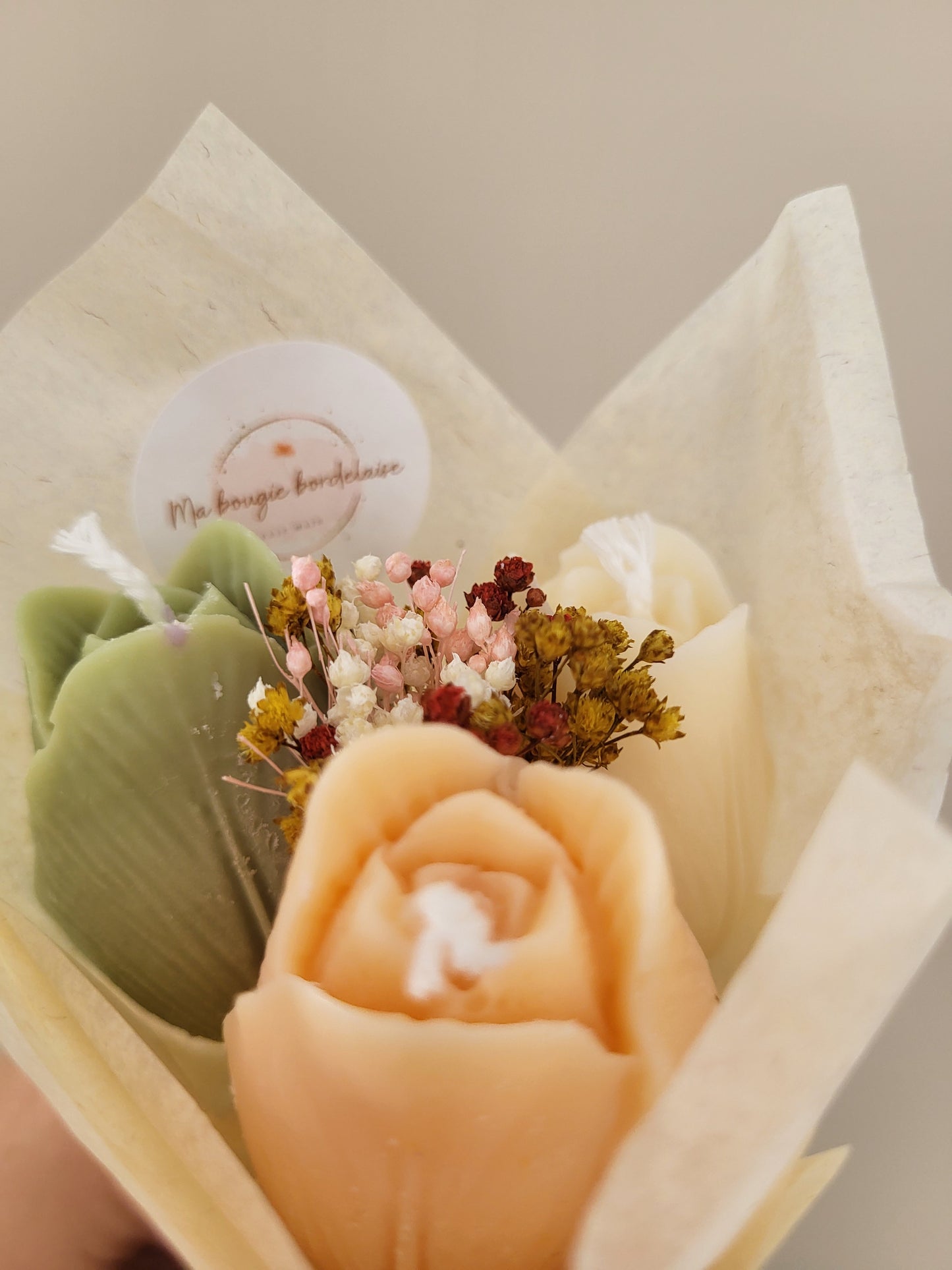 Bouquet de 3 tulipes en bougies - taille S (vert-saumon-blanc)