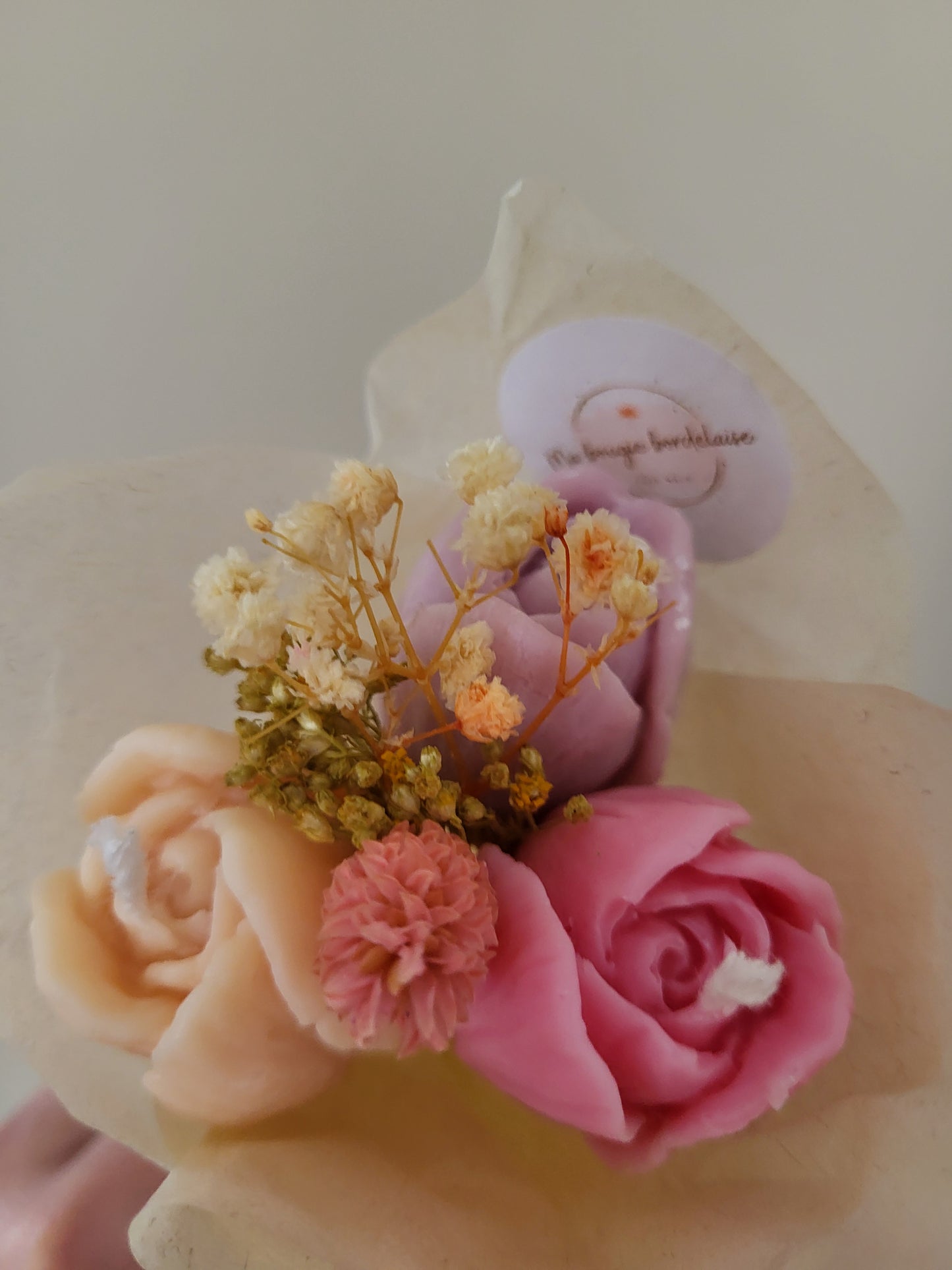 Bouquet de 3 tulipes en bougies - taille S (rose-violet-saumon)