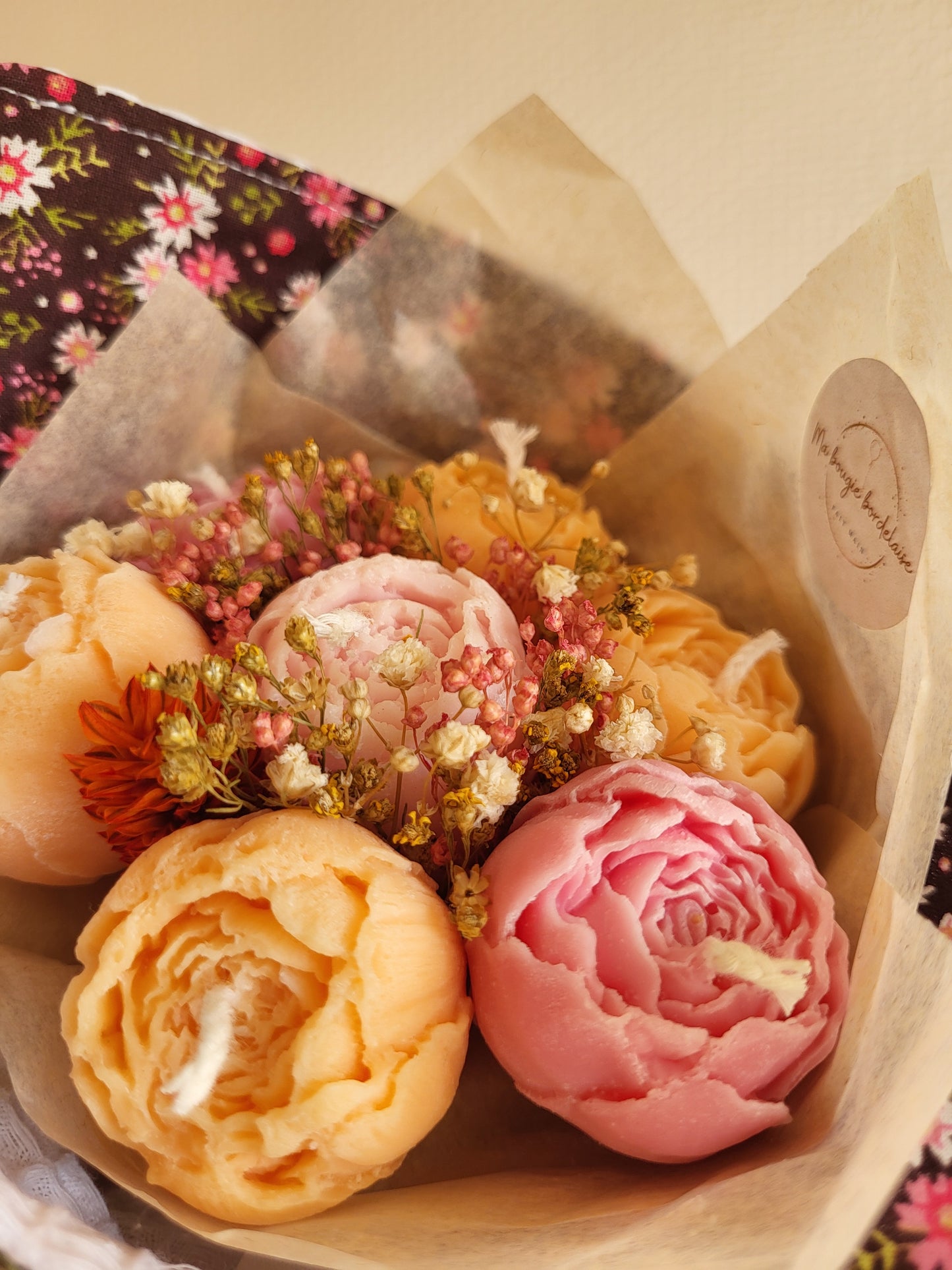 Bouquet 7 fleurs en bougies et torchon
