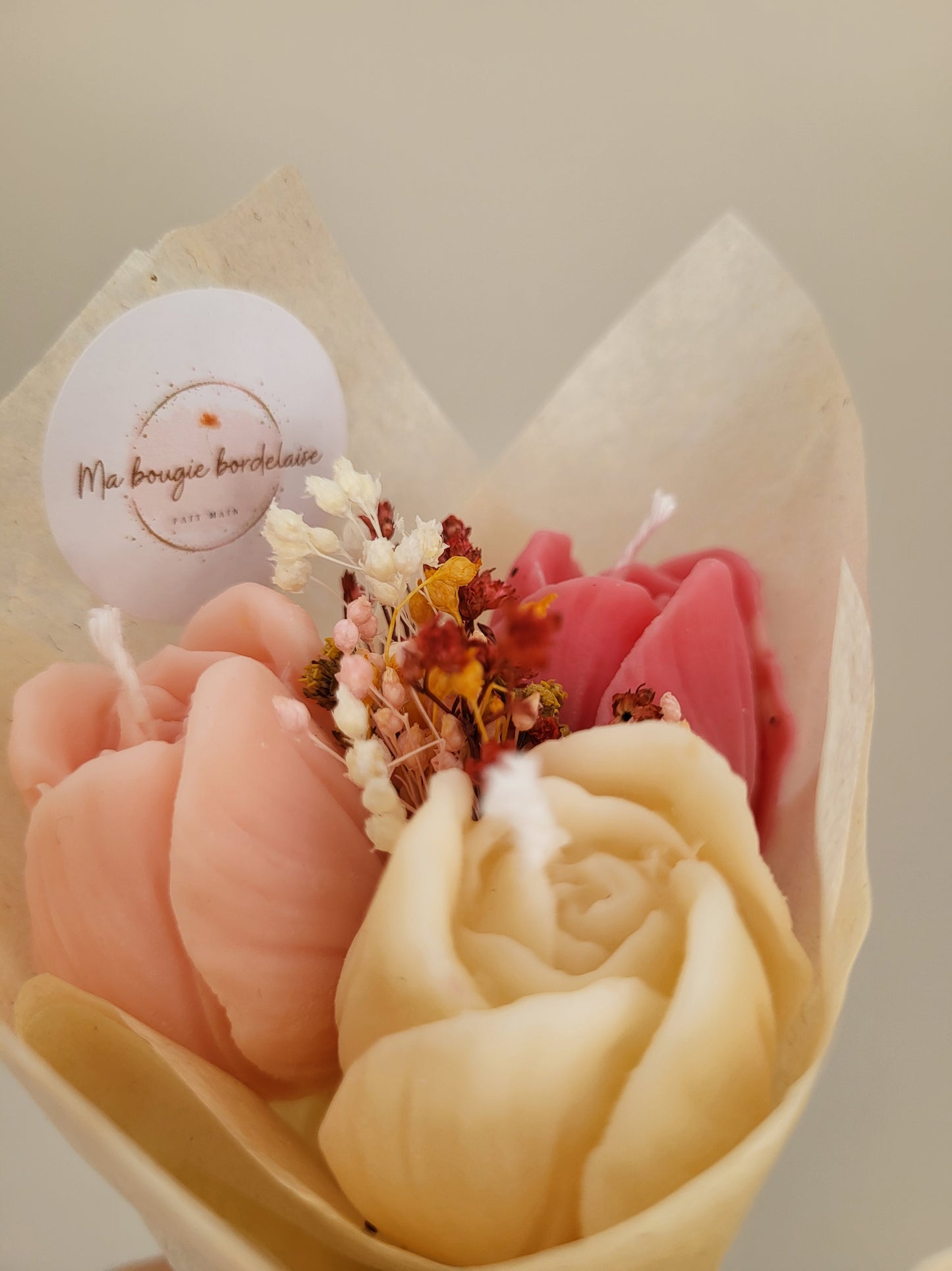 Bouquet de 3 tulipes en bougies - taille S (nuances de roses-blanc)