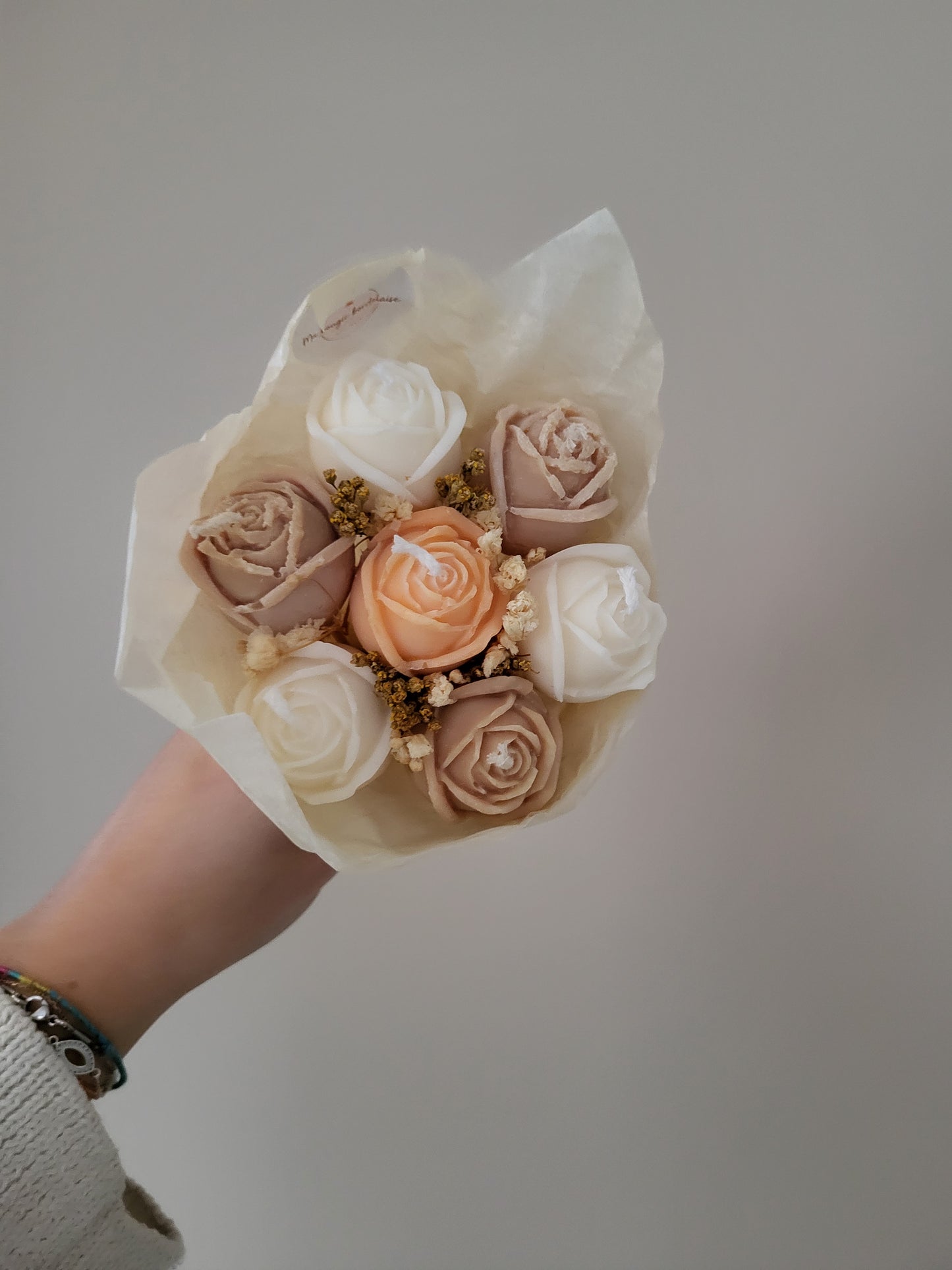 Bouquet de 7 roses en bougies - taille S (marron-orange-blanc)