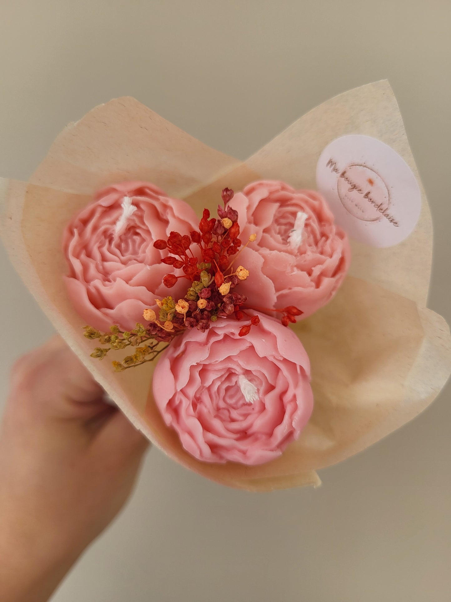 Bouquet de 3 pivoines en bougies - taille S (rose)