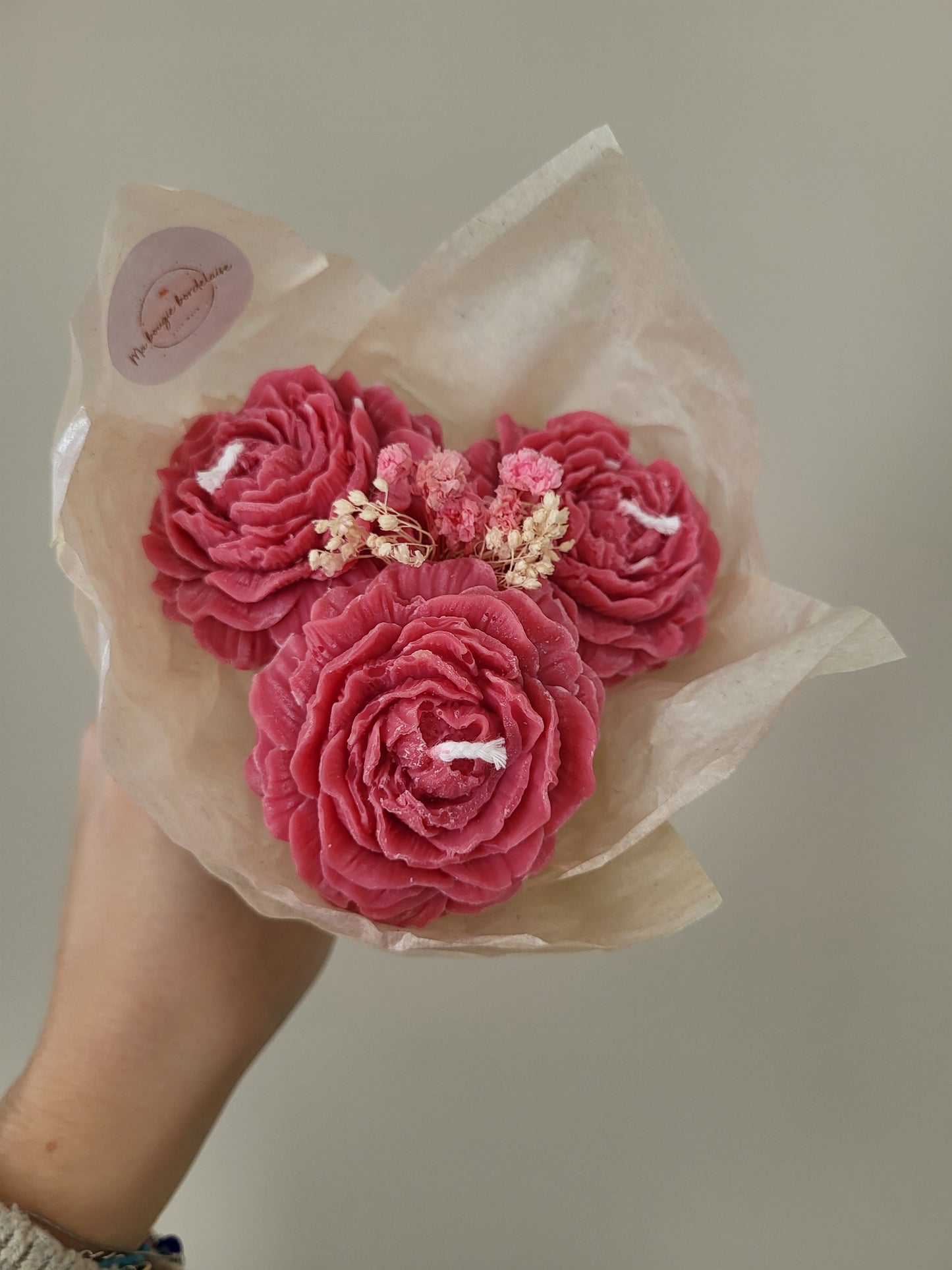 Bouquet de 3 pivoines en bougies - taille M (rose foncé)