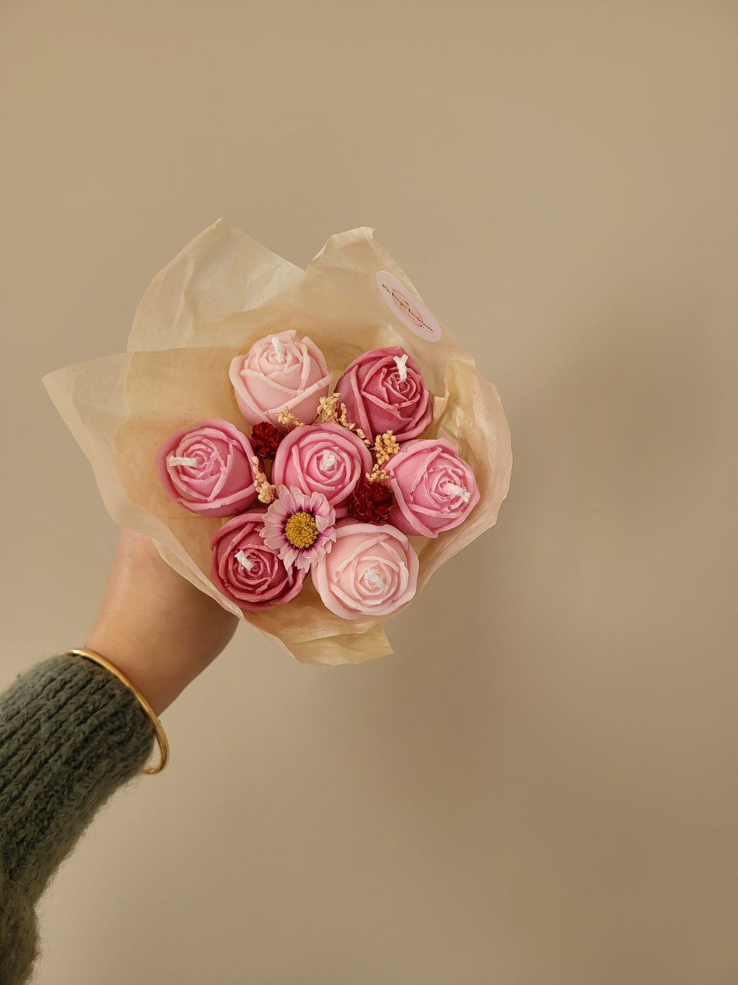 Bougie fleurie artisanale - Bouquet Rose