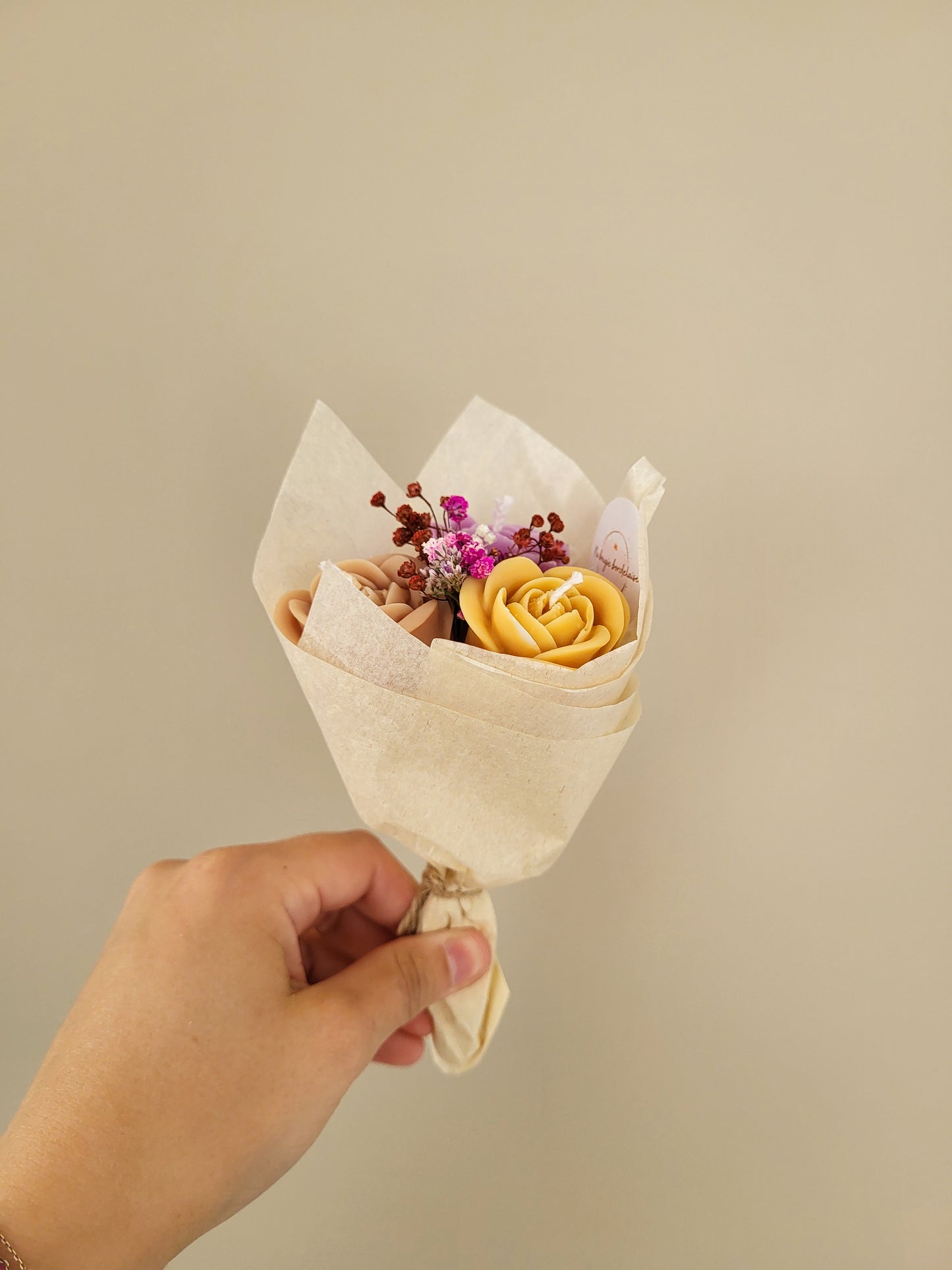 Bouquet de 3 roses ouvertes en bougies - taille S (violet-marron-bronze)
