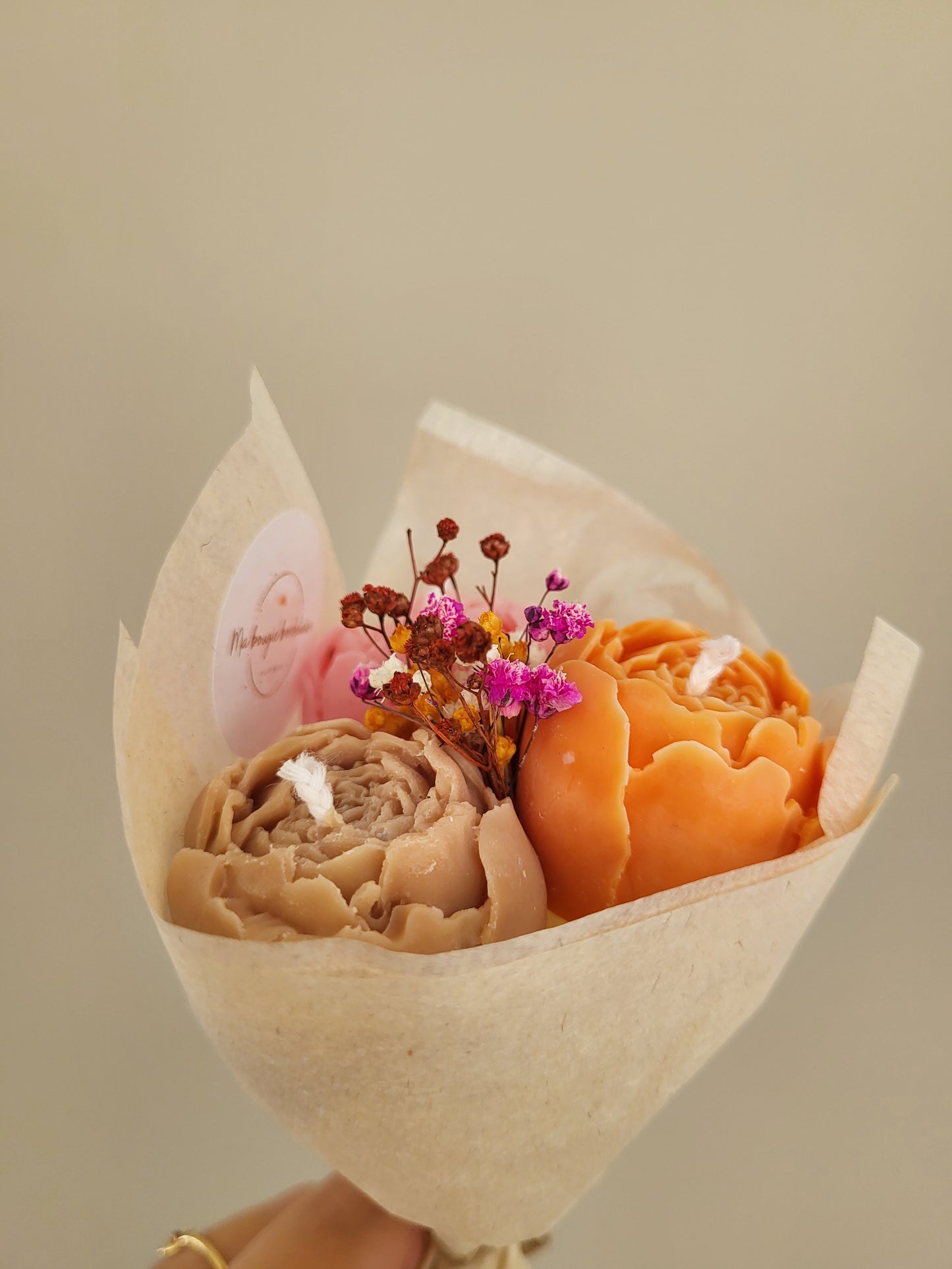 Bouquet de 3 pivoines en bougies - taille S (rose-orange-marron)
