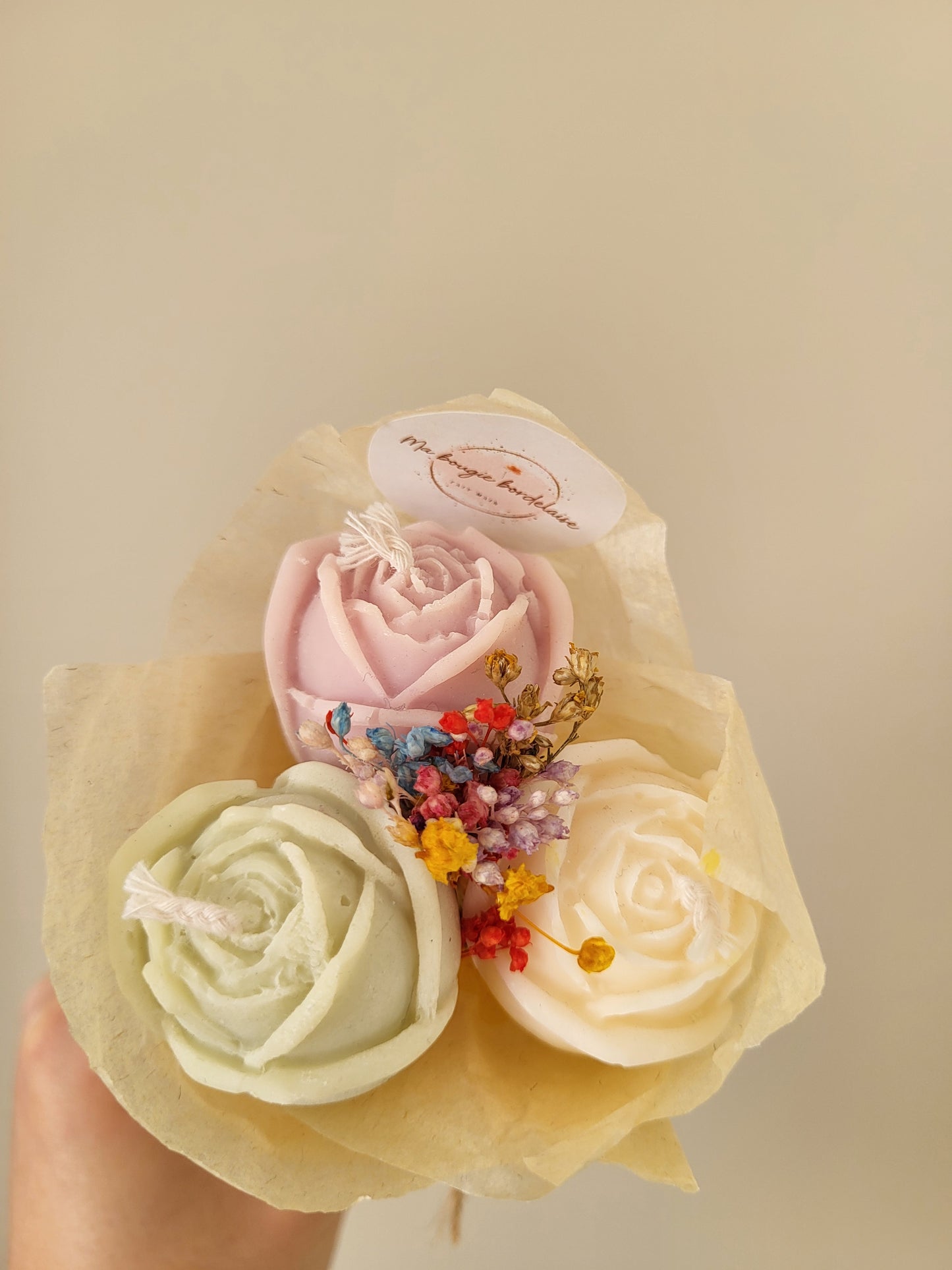 Bouquet de 3 roses en bougies - taille S (pastel)