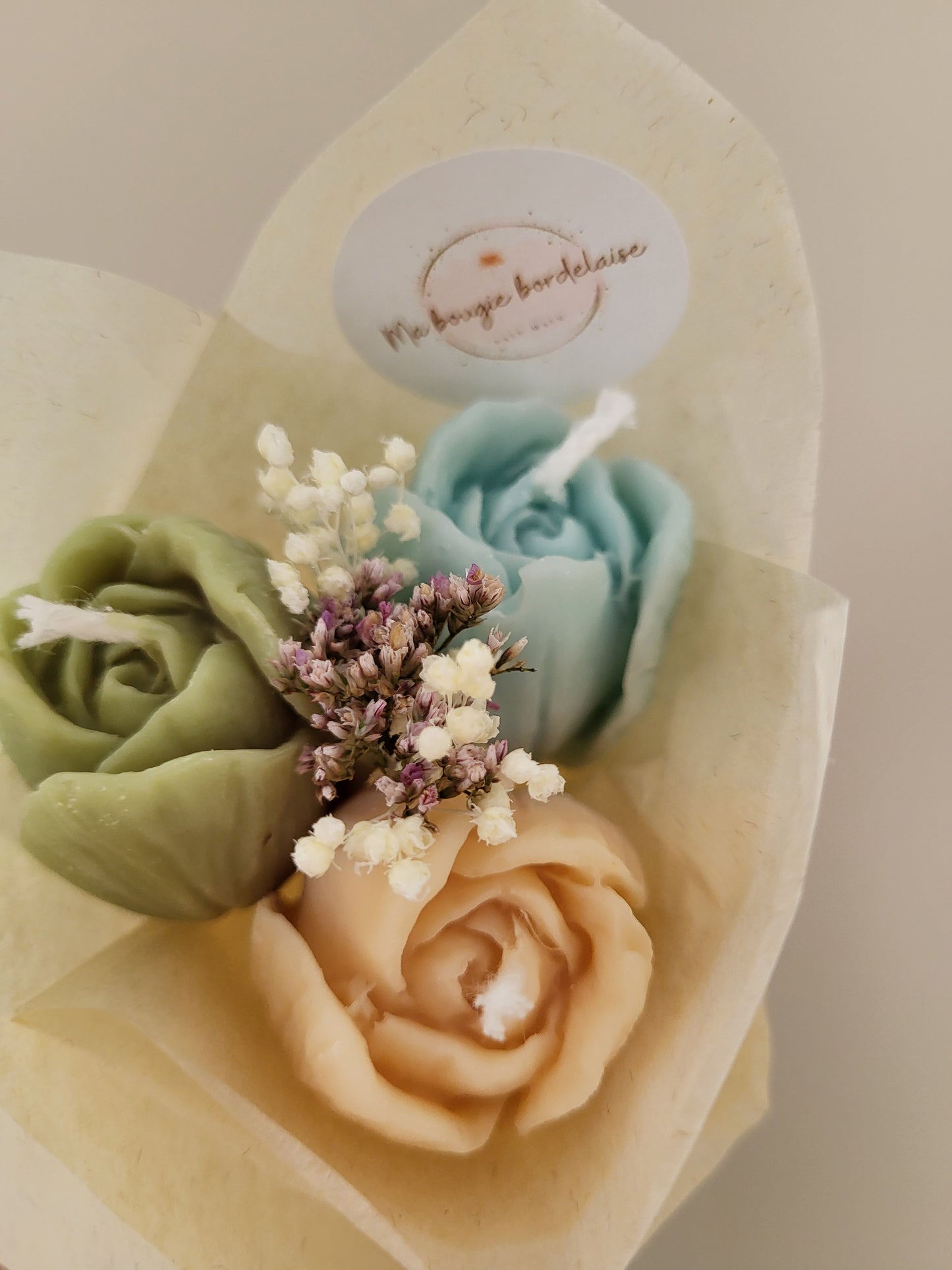 Bouquet de 3 tulipes en bougies - taille S (vert-bleu-beige)