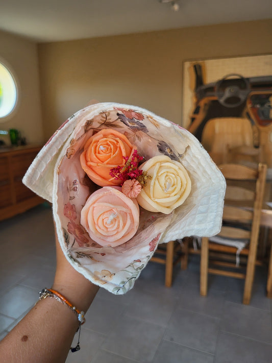 Bouquet de 3 roses & torchon en coton fait main