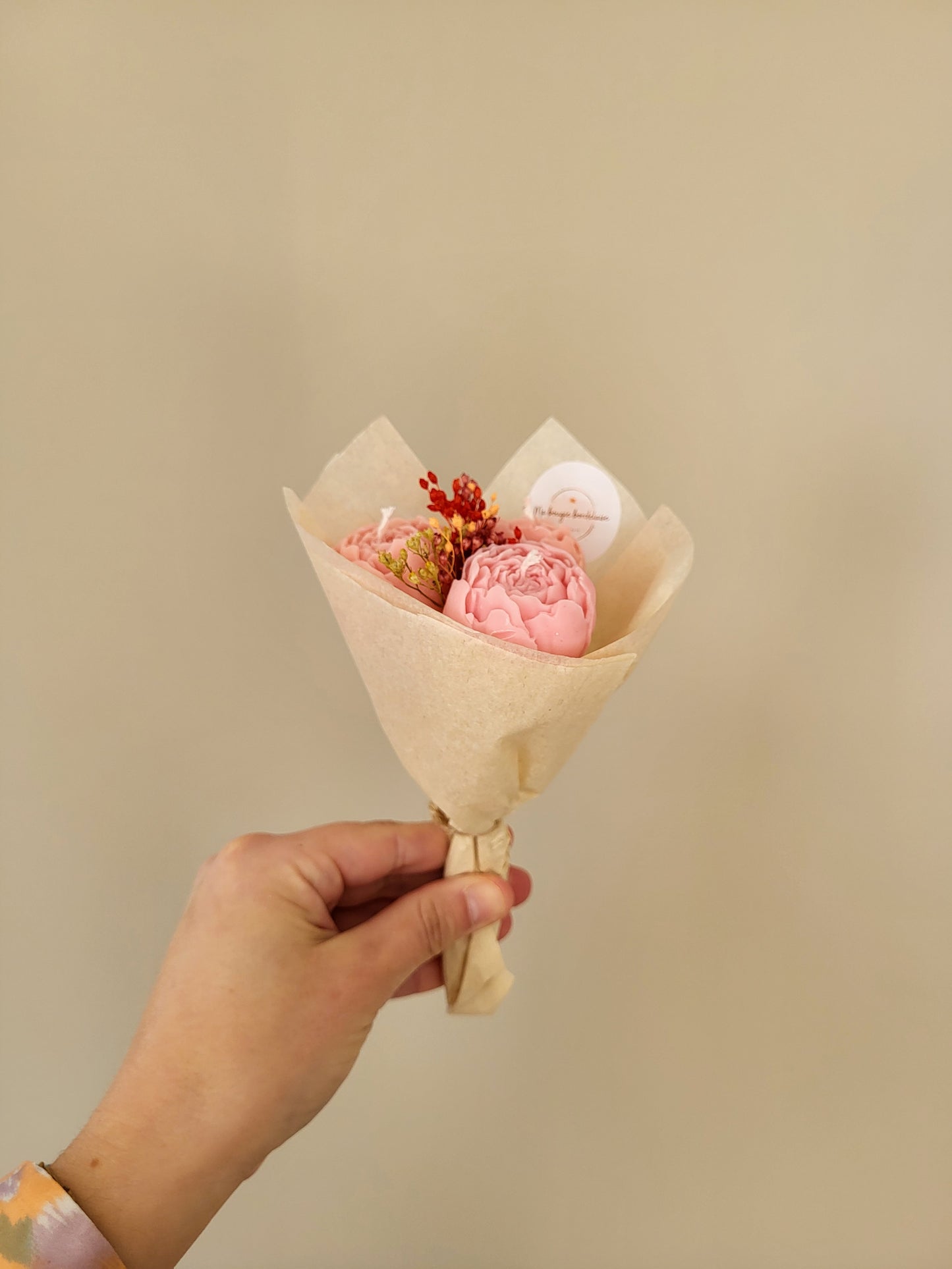 Bouquet de 3 pivoines en bougies - taille S (rose)