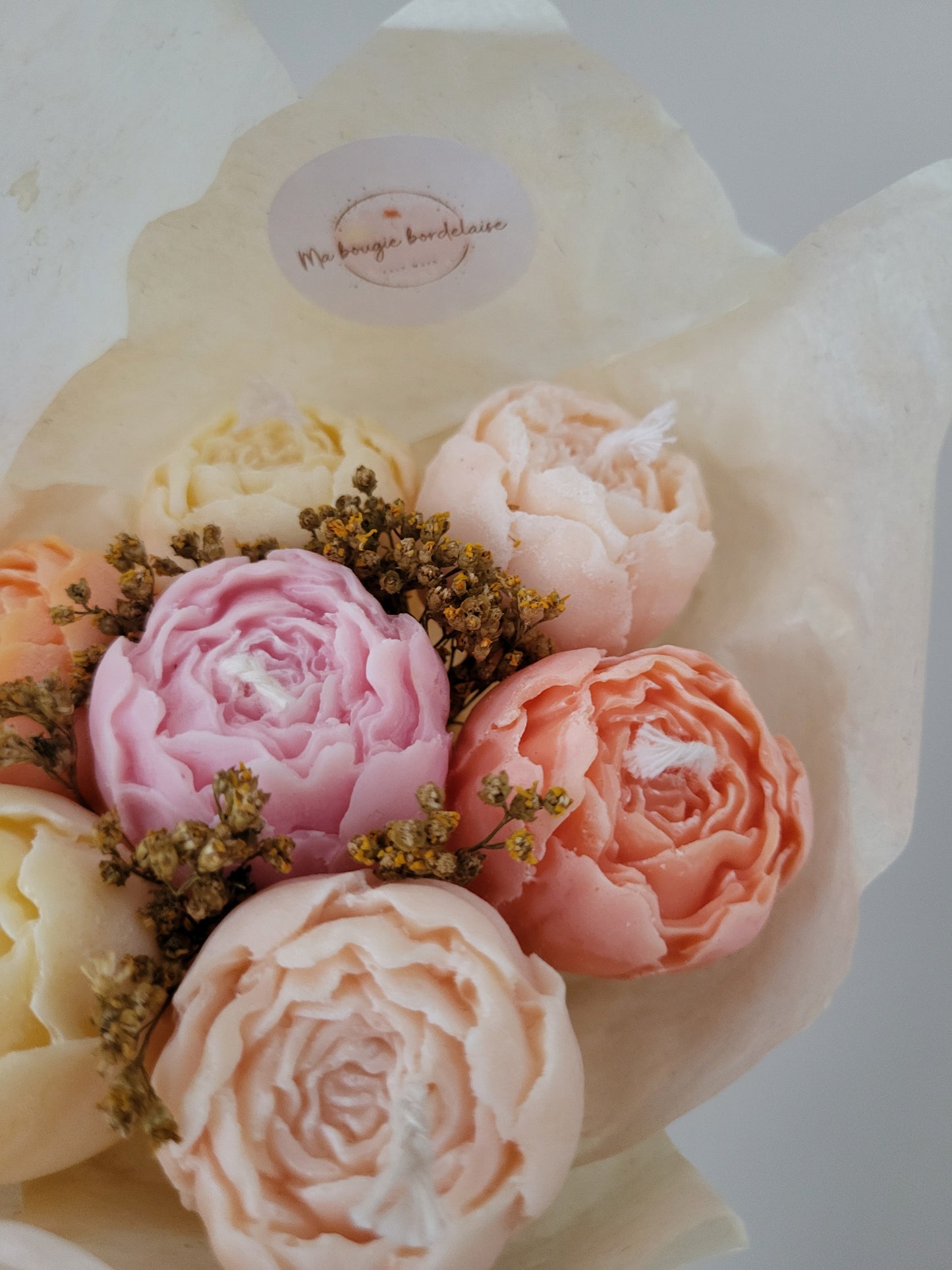 Bouquet de 7 roses en bougies - taille S (rose-orange-saumon-jaune)