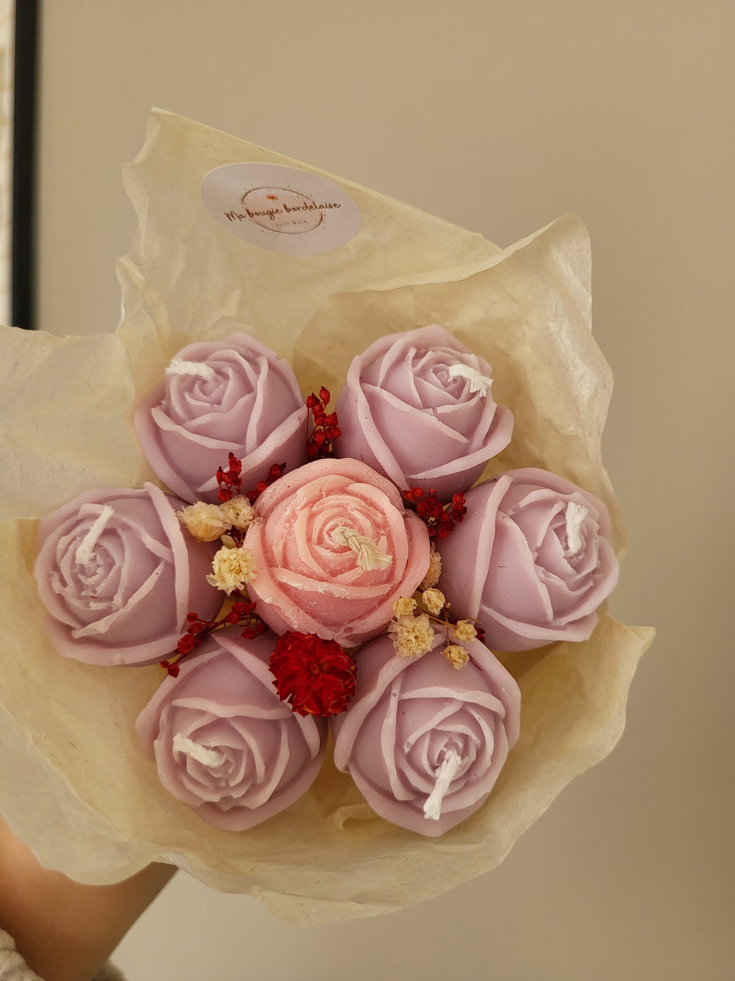 Bouquet de 7 roses en bougies - taille S (rose et violet)
