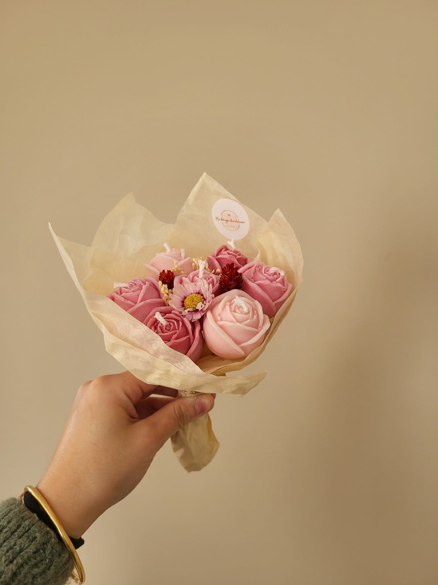 Bougie fleurie artisanale - Bouquet Rose
