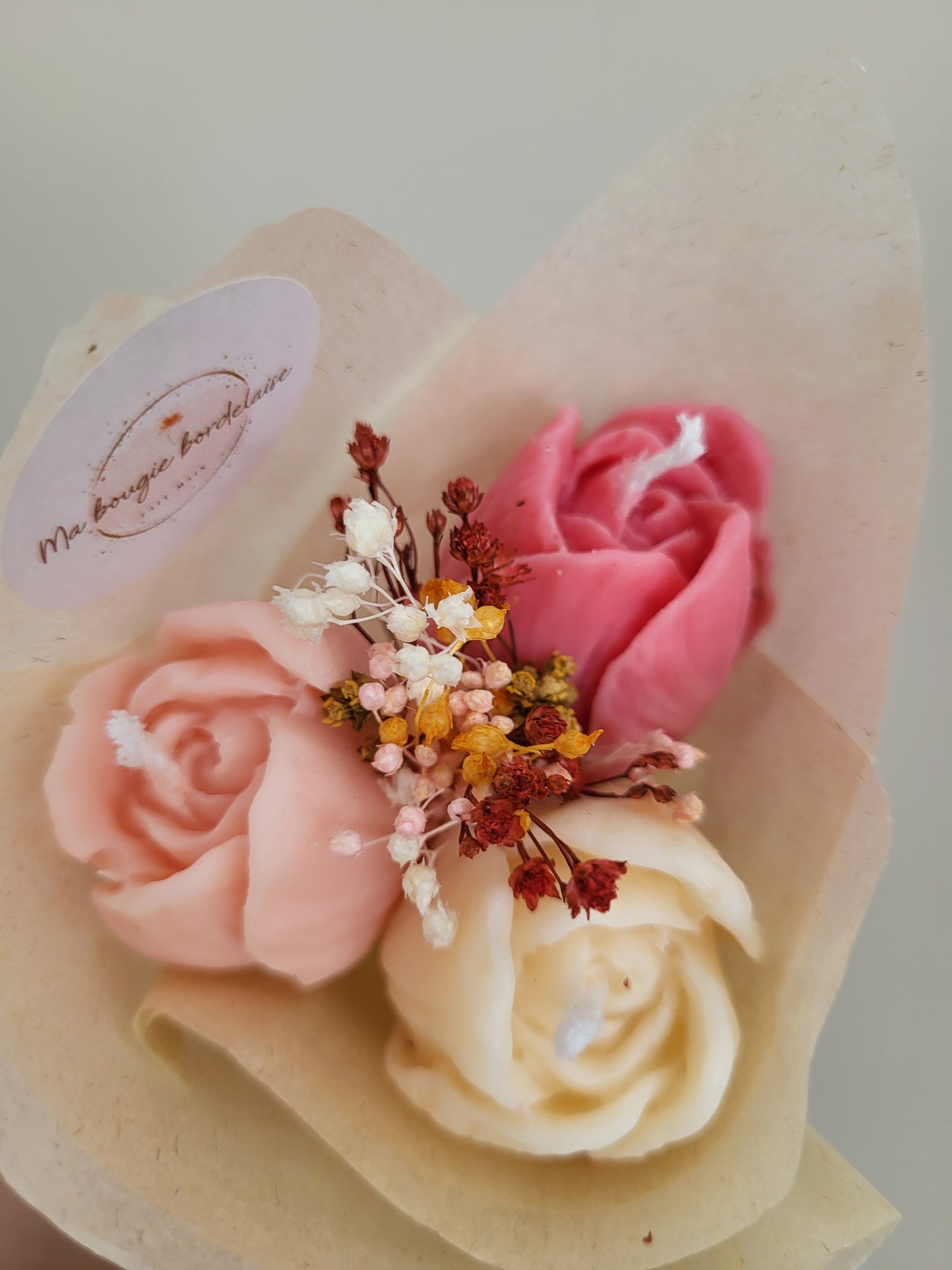 Bouquet de 3 tulipes en bougies - taille S (nuances de roses-blanc)