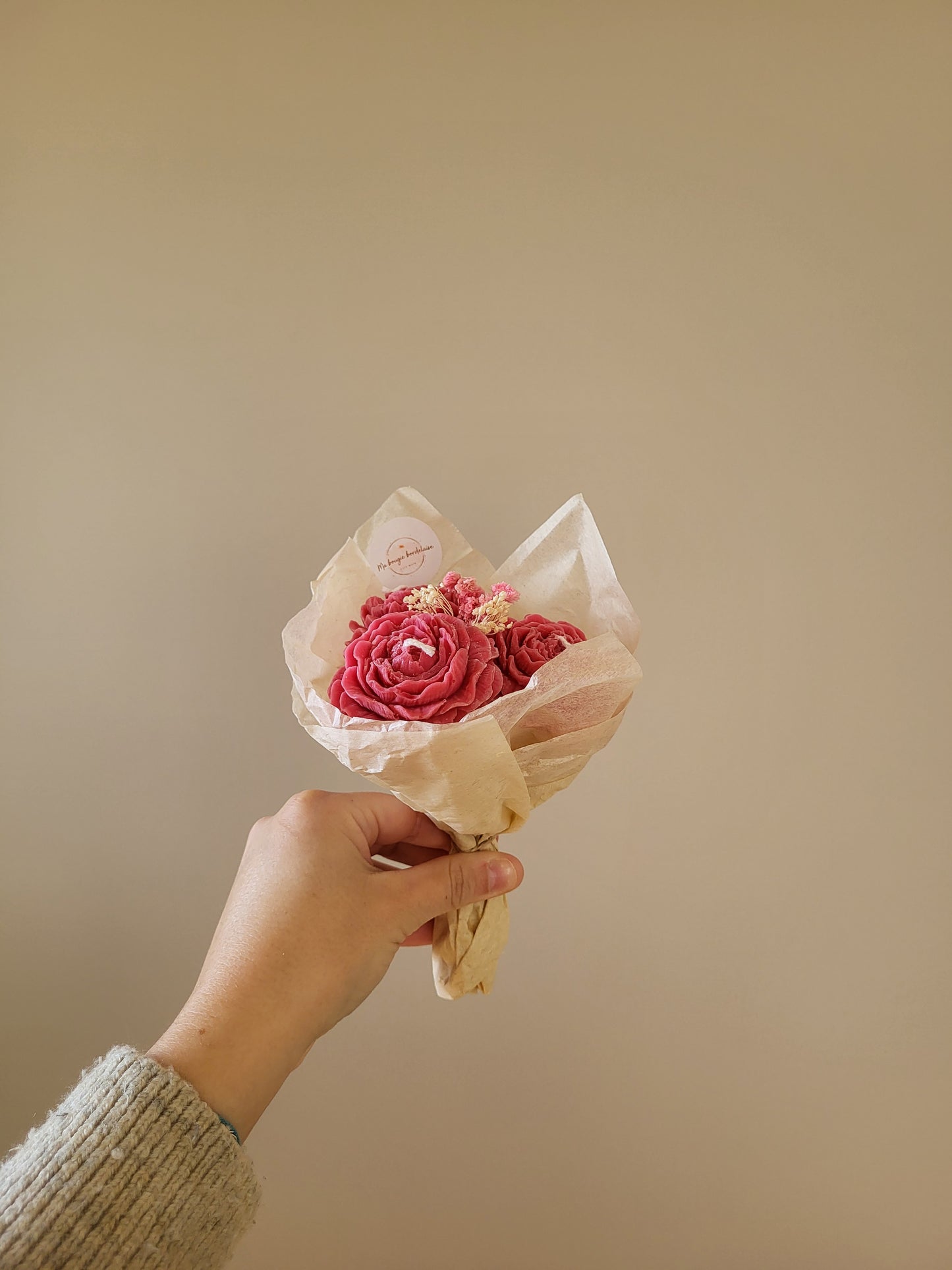 Bouquet de 3 pivoines en bougies - taille M (rose foncé)