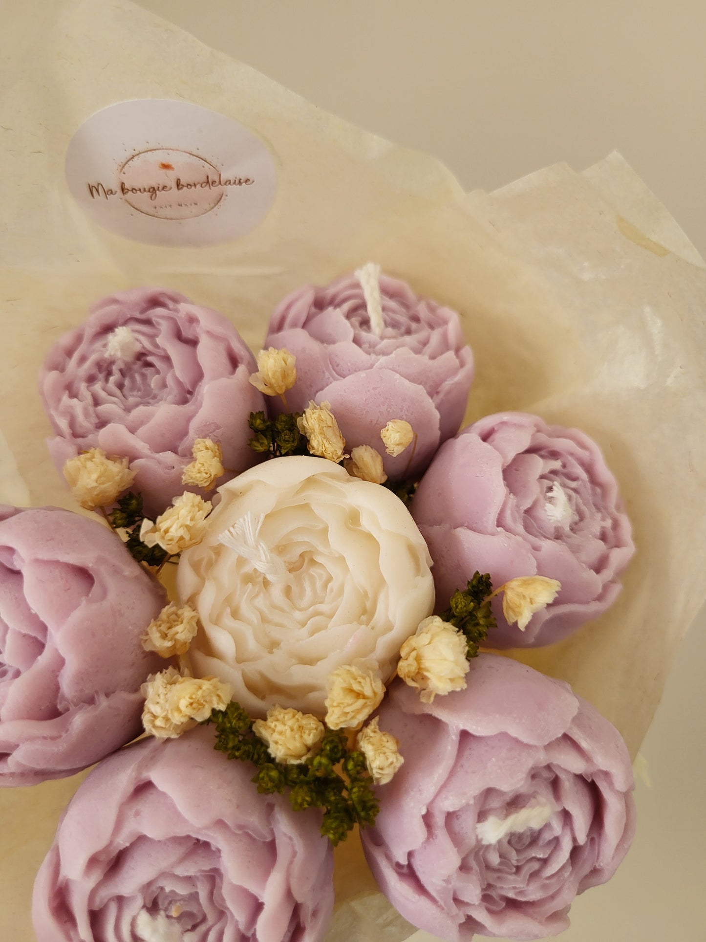 Bouquet de 7 pivoines en bougies - taille S (violet et blanc)