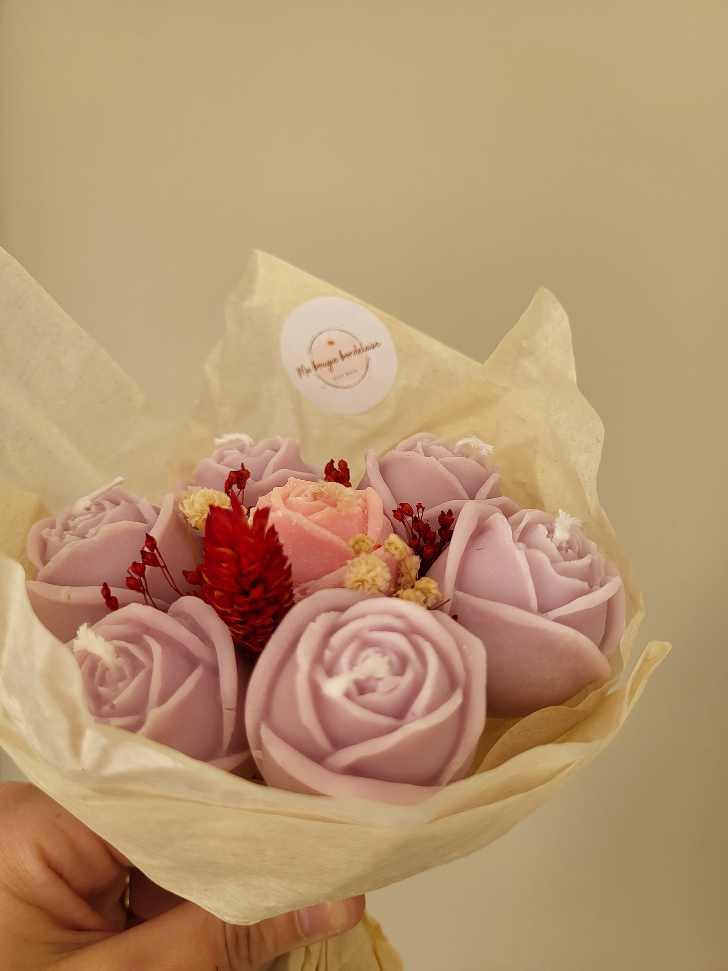 Bouquet de 7 roses en bougies - taille S (rose et violet)