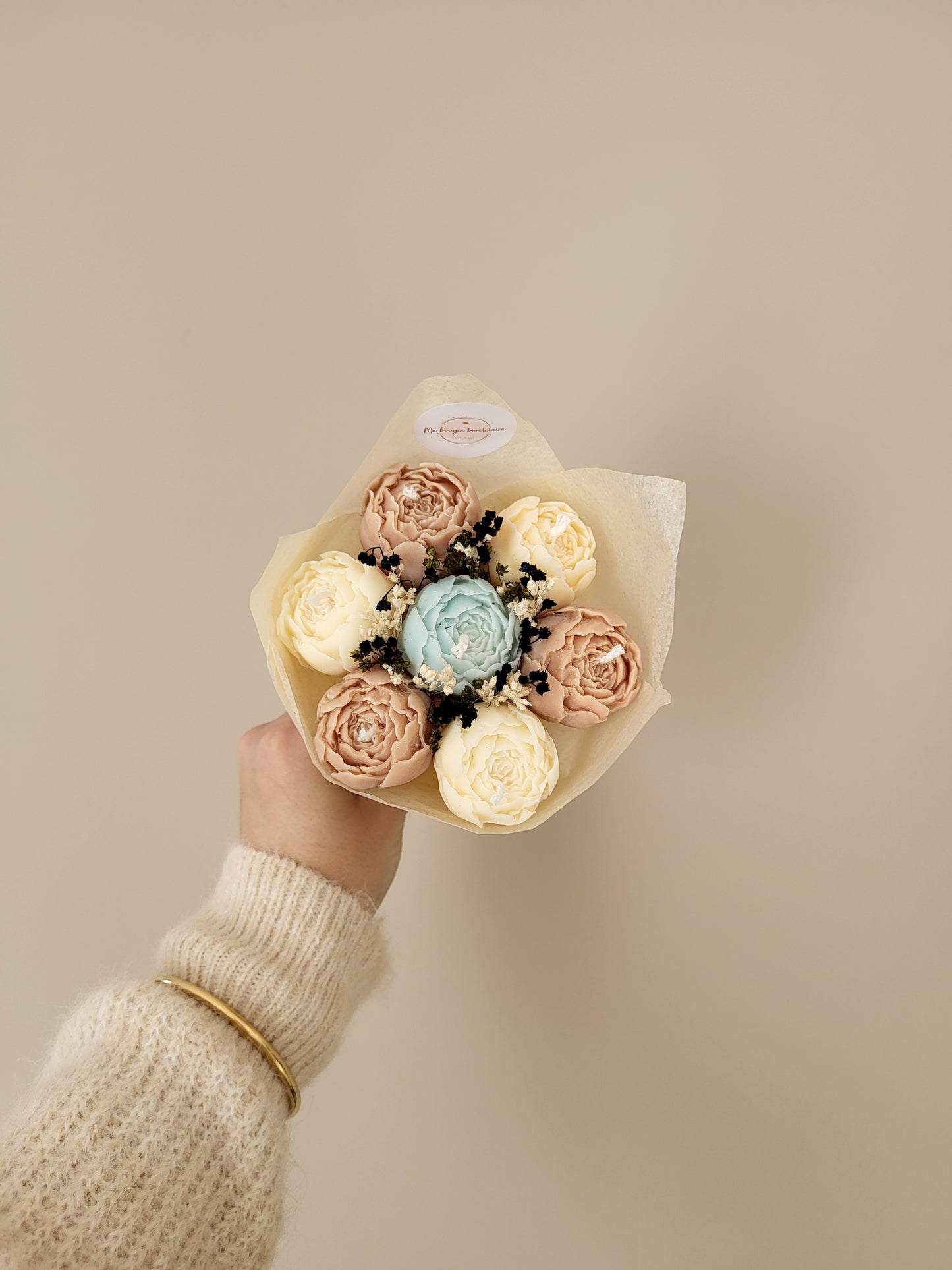 Bouquet de 7 pivoines en bougies - (marron-bleu-blanc)