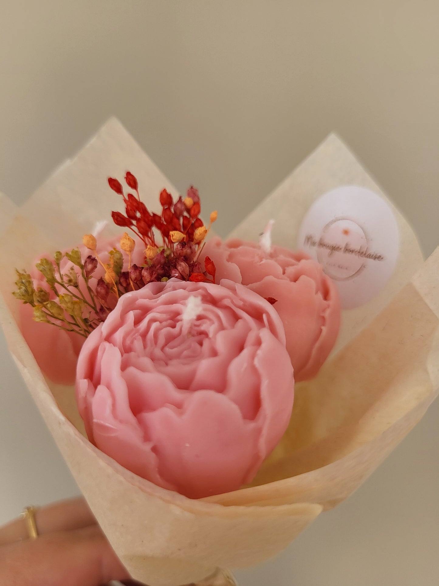 Bouquet de 3 pivoines en bougies - taille S (rose)