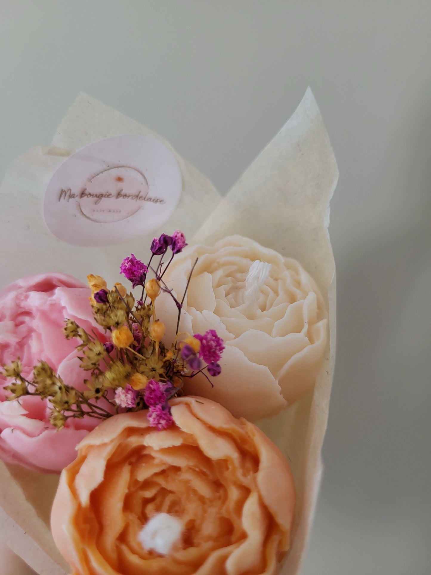 Bouquet de 3 pivoines en bougies - taille S (rose-orange-blanc)