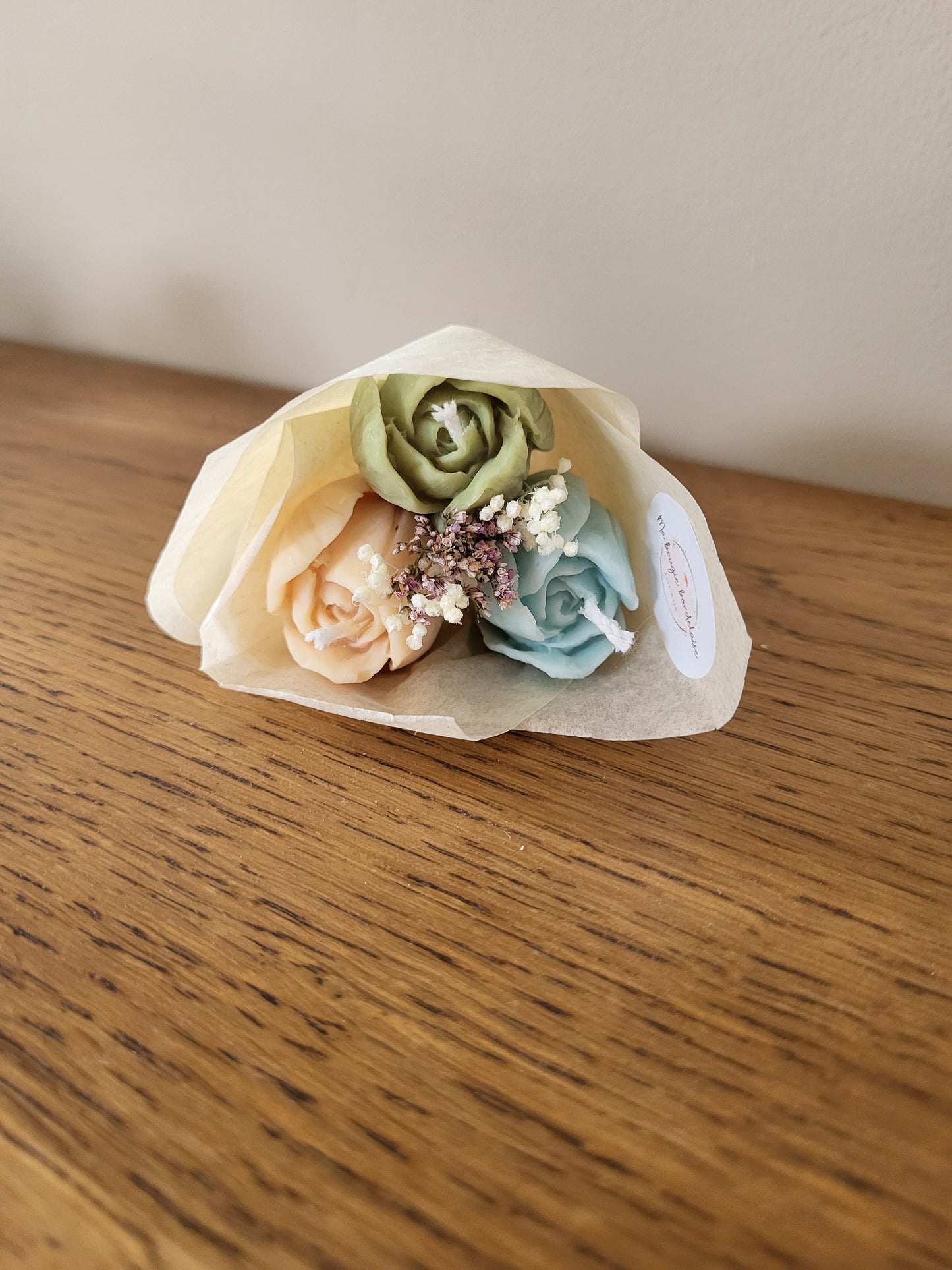 Bouquet de 3 tulipes en bougies - taille S (vert-bleu-beige)