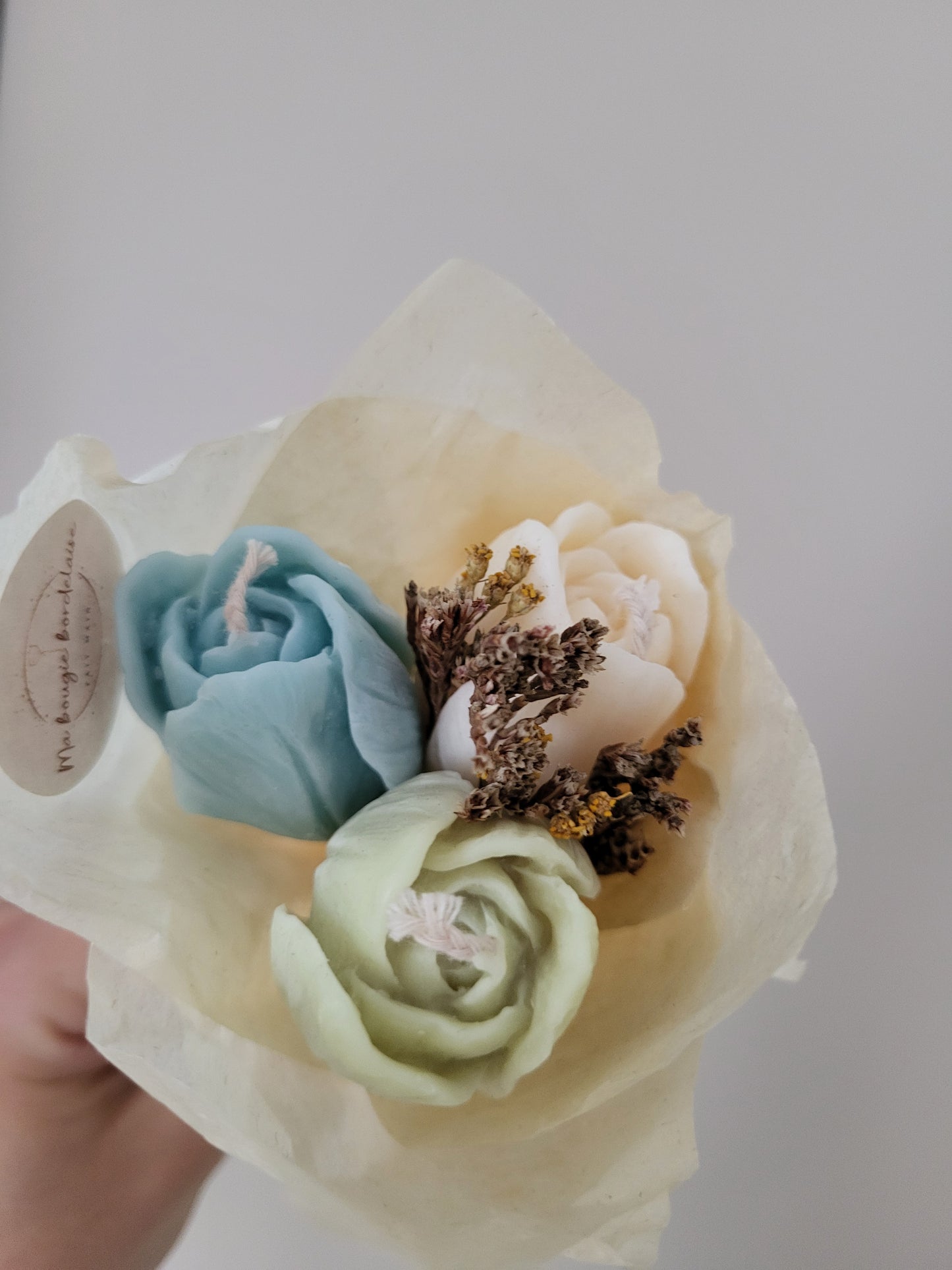 Bouquet de 3 tulipes en bougies - taille S (vert-bleu-blanc)