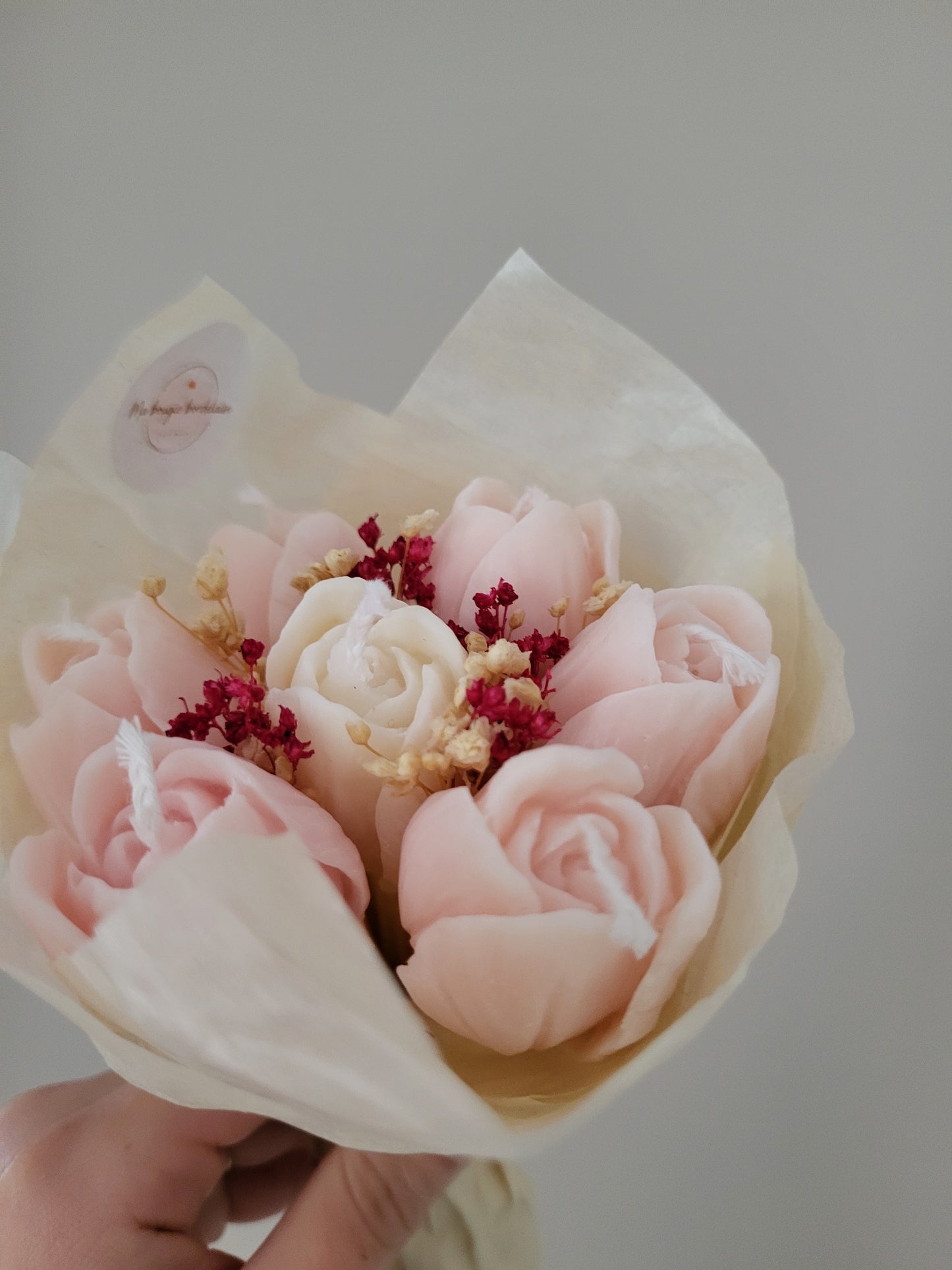 Bouquet de 7 tulipes en bougies - taille S (rose pâle-blanc)