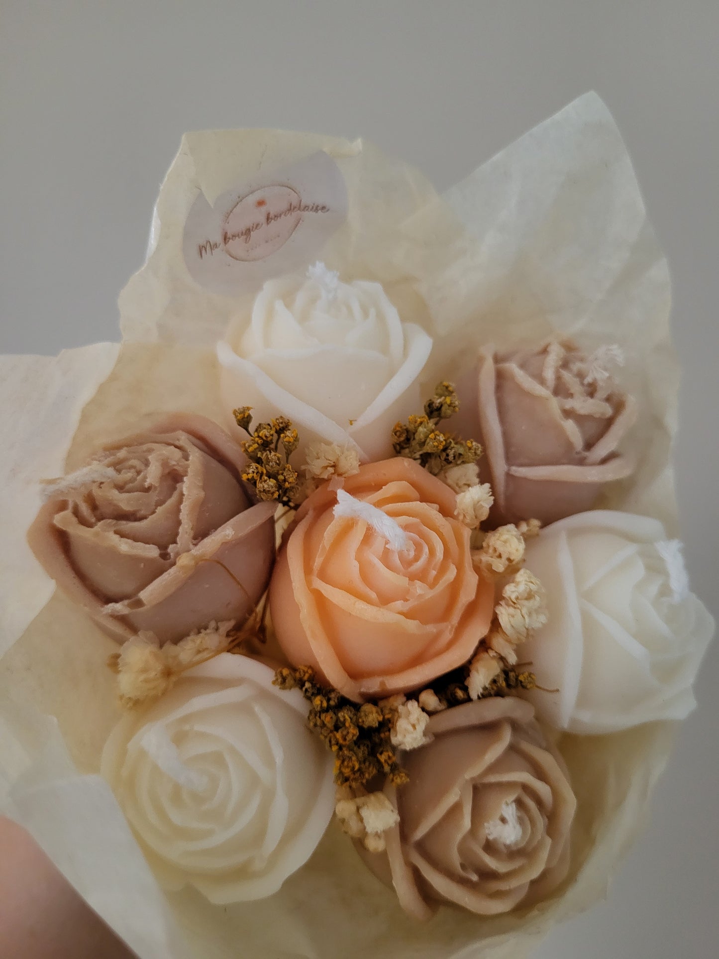 Bouquet de 7 roses en bougies - taille S (marron-orange-blanc)