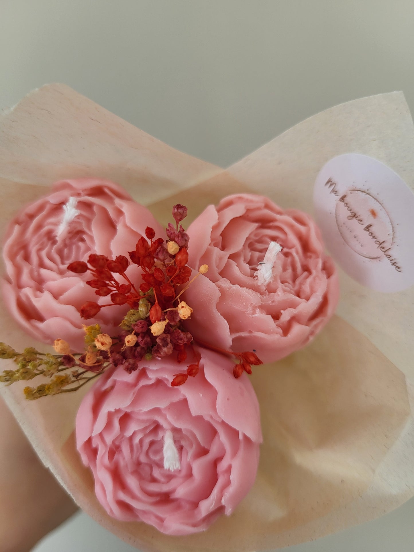 Bouquet de 3 pivoines en bougies - taille S (rose)