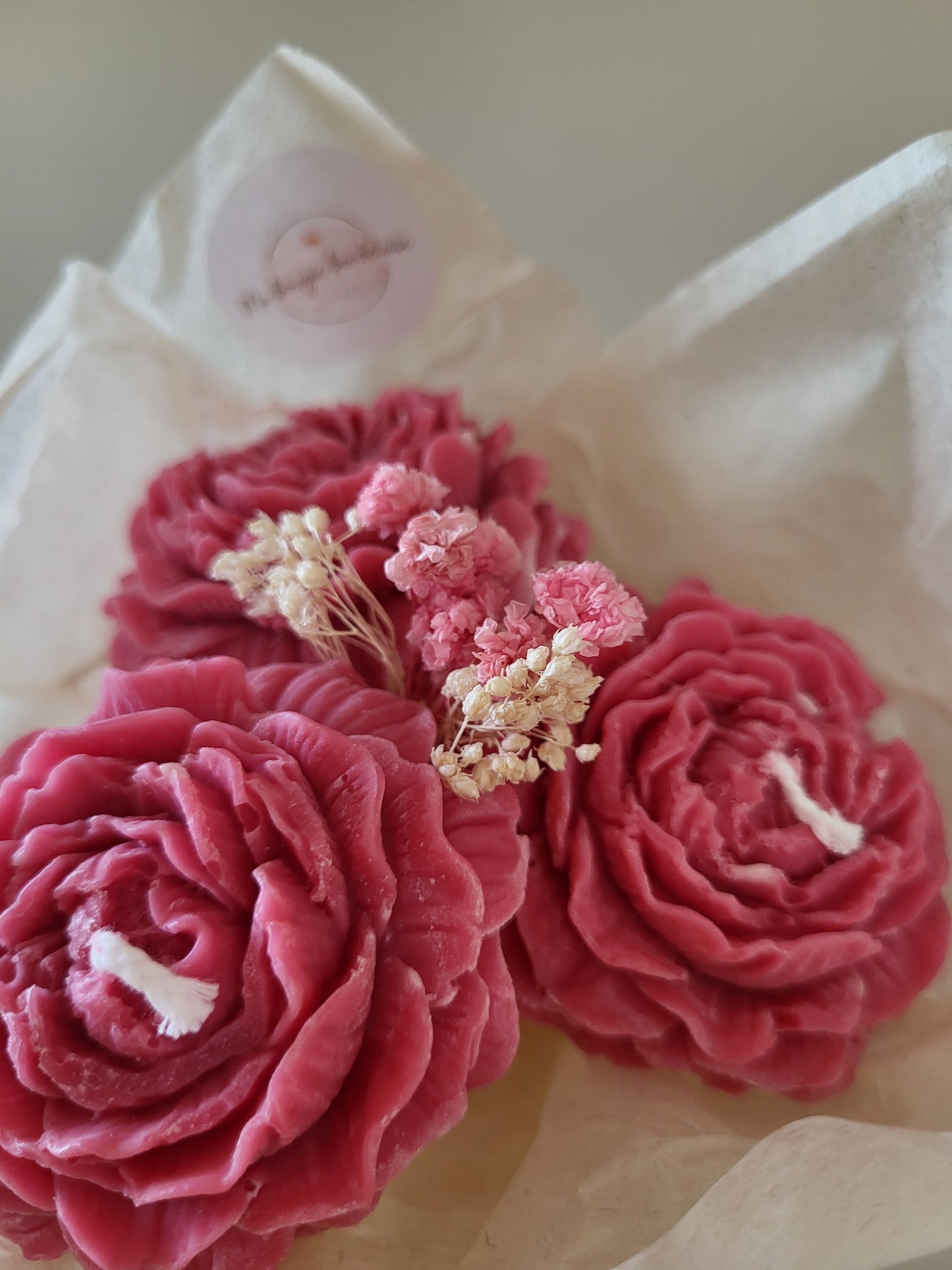 Bouquet de 3 pivoines en bougies - taille M (rose foncé)