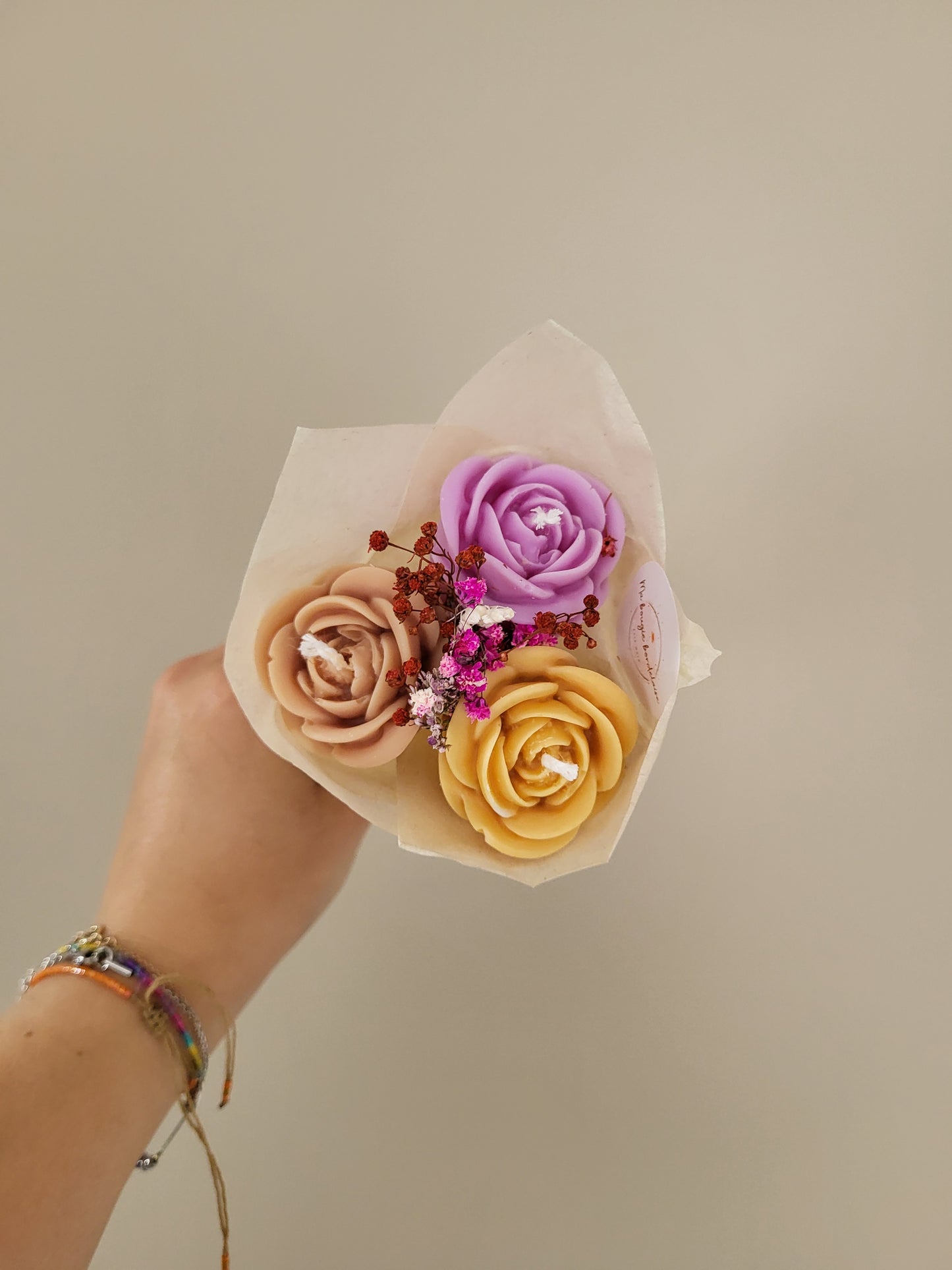 Bouquet de 3 roses ouvertes en bougies - taille S (violet-marron-bronze)