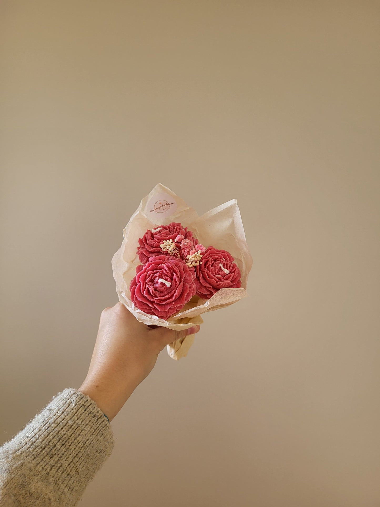 Bouquet de 3 pivoines en bougies - taille M (rose foncé)
