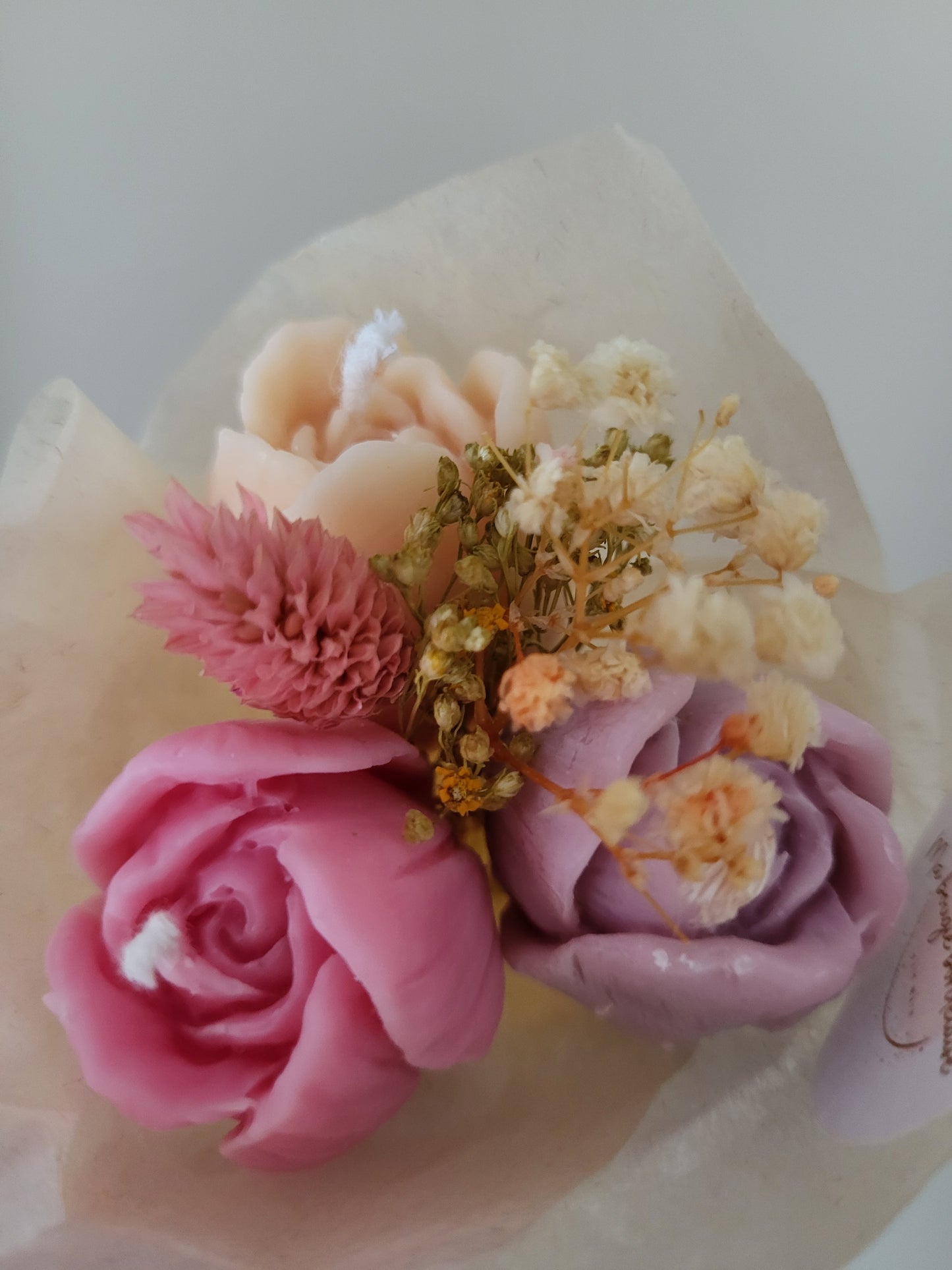 Bouquet de 3 tulipes en bougies - taille S (rose-violet-saumon)