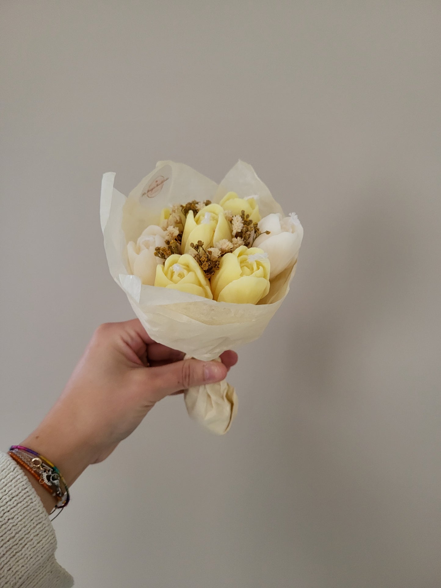 Bouquet de 7 tulipes en bougies - taille S (jaune-blanc)