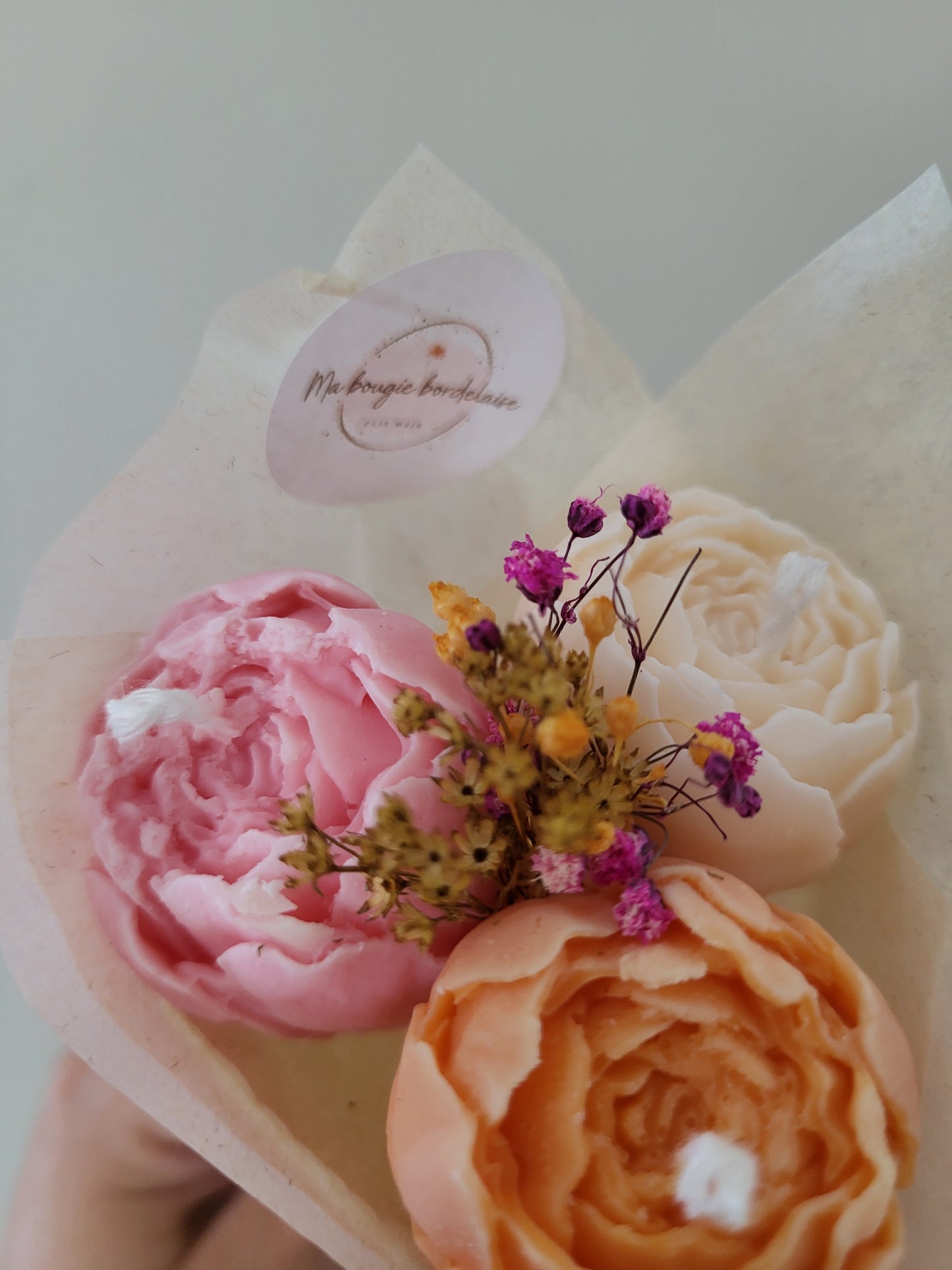Bouquet de 3 pivoines en bougies - taille S (rose-orange-blanc)