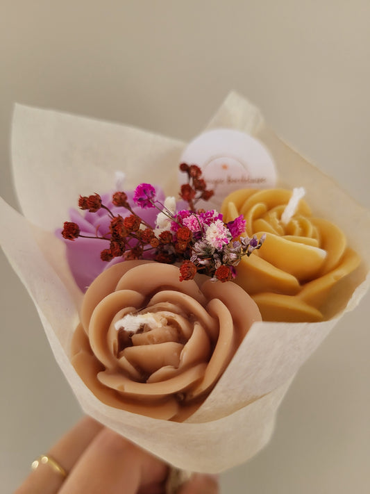 Bouquet de 3 roses ouvertes en bougies - taille S (violet-marron-bronze)