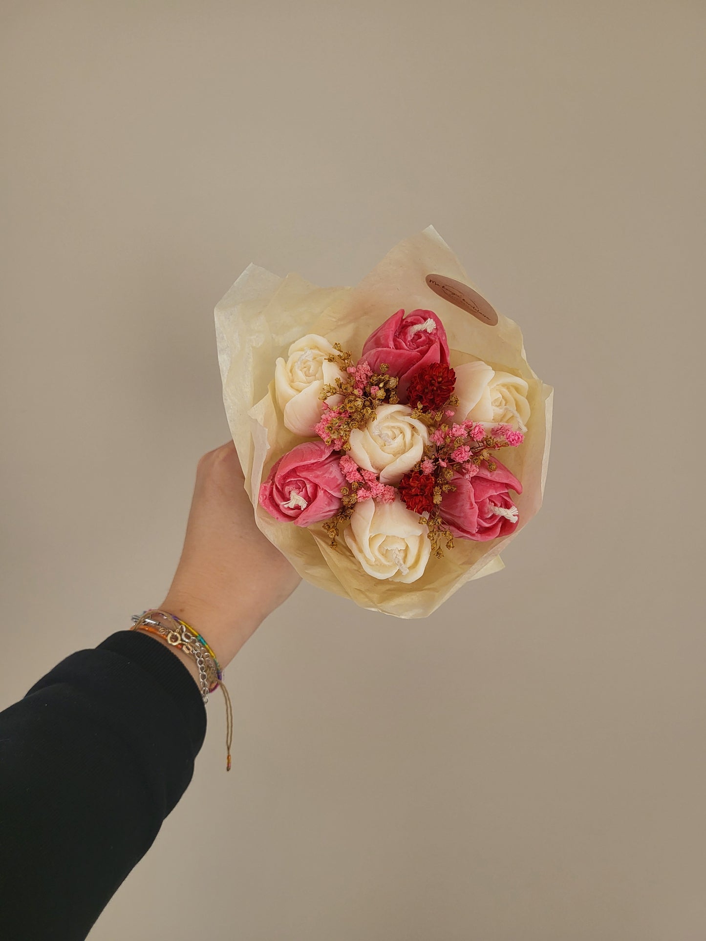 Bouquet de 7 tulipes en bougies - taille S (rose et blanc)