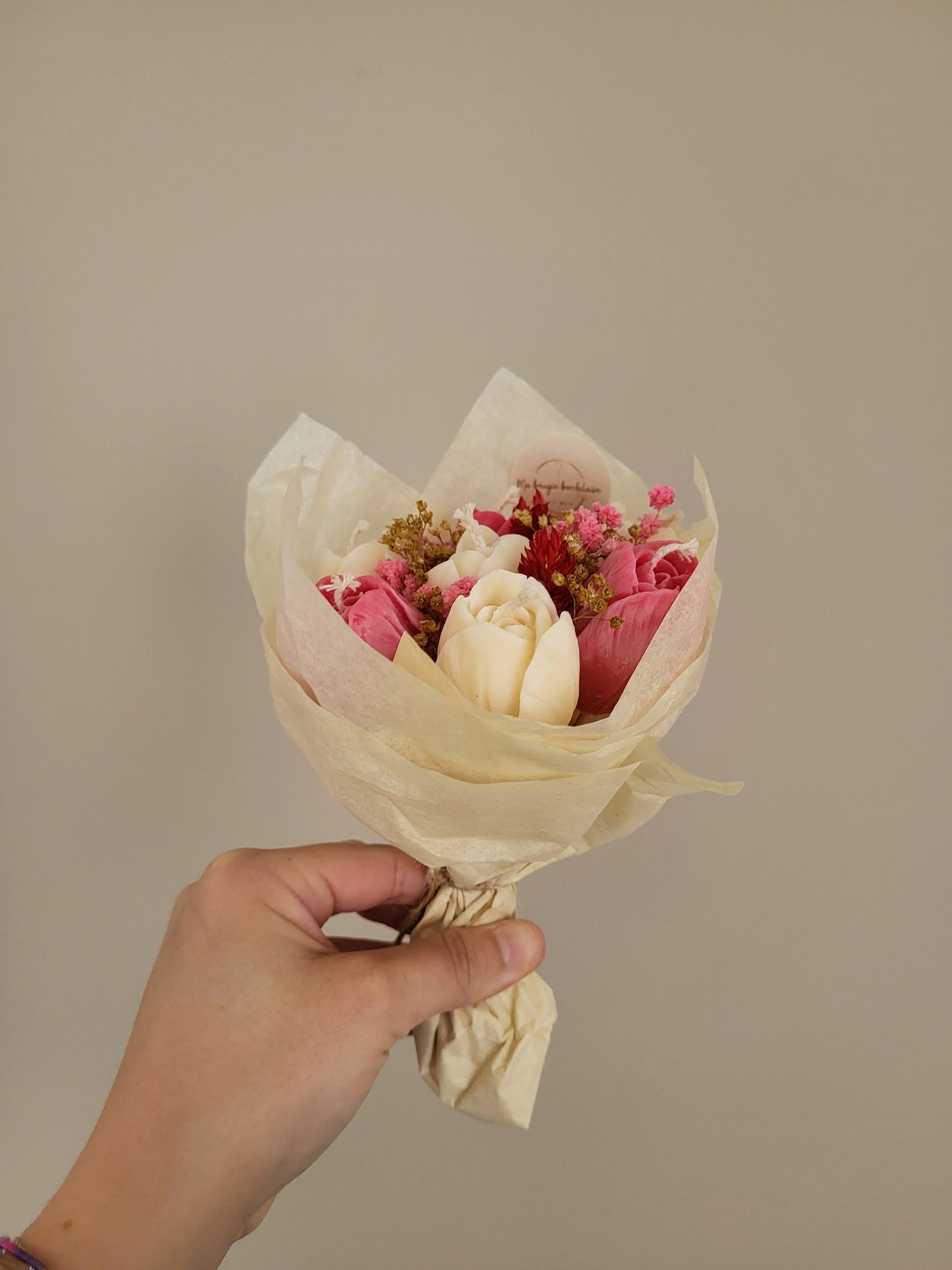 Bouquet de 7 tulipes en bougies - taille S (rose et blanc)