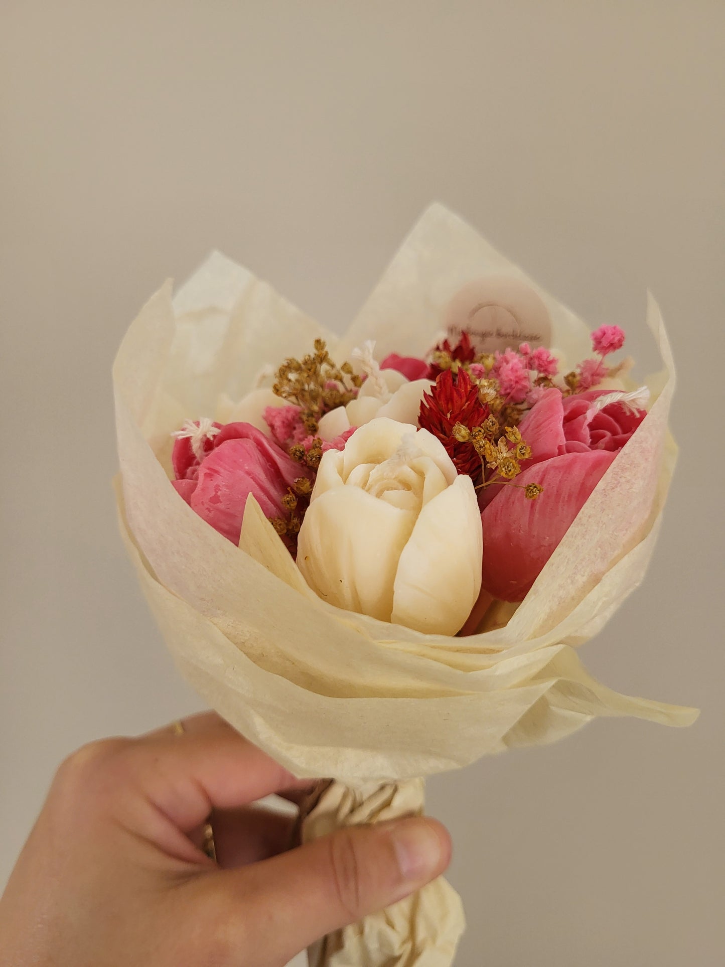 Bouquet de 7 tulipes en bougies - taille S (rose et blanc)