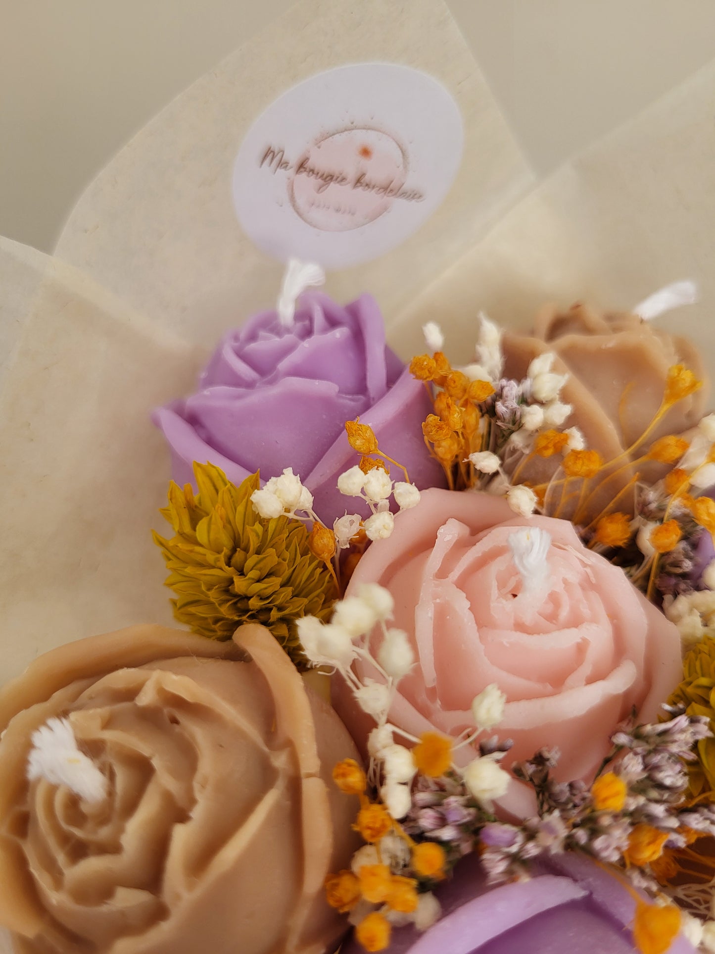 Bouquet de 7 roses en bougies - taille S (rose-violet-marron)