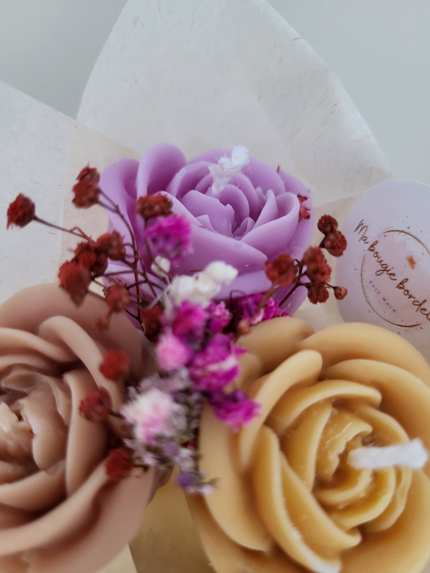Bouquet de 3 roses ouvertes en bougies - taille S (violet-marron-bronze)