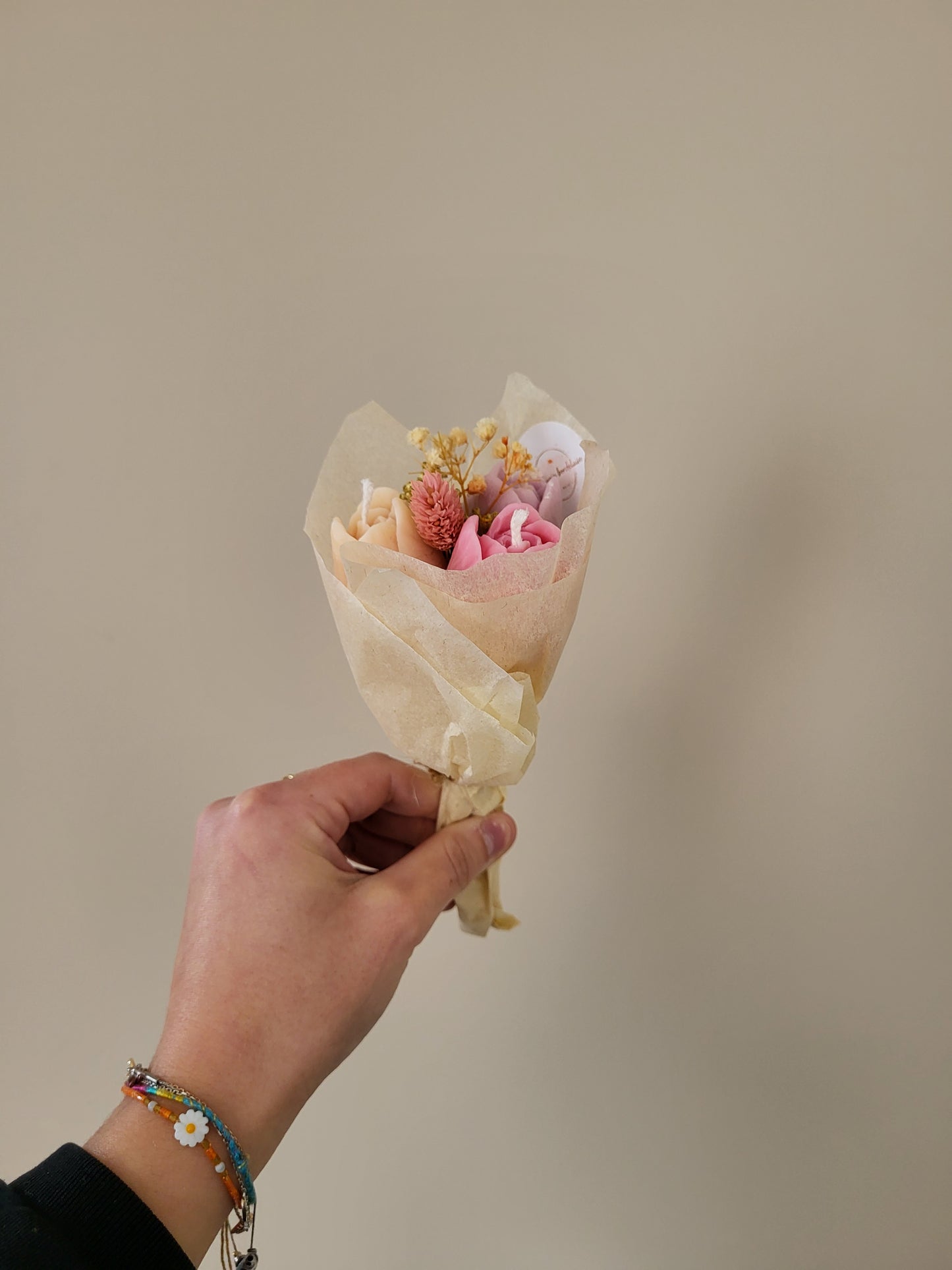 Bouquet de 3 tulipes en bougies - taille S (rose-violet-saumon)