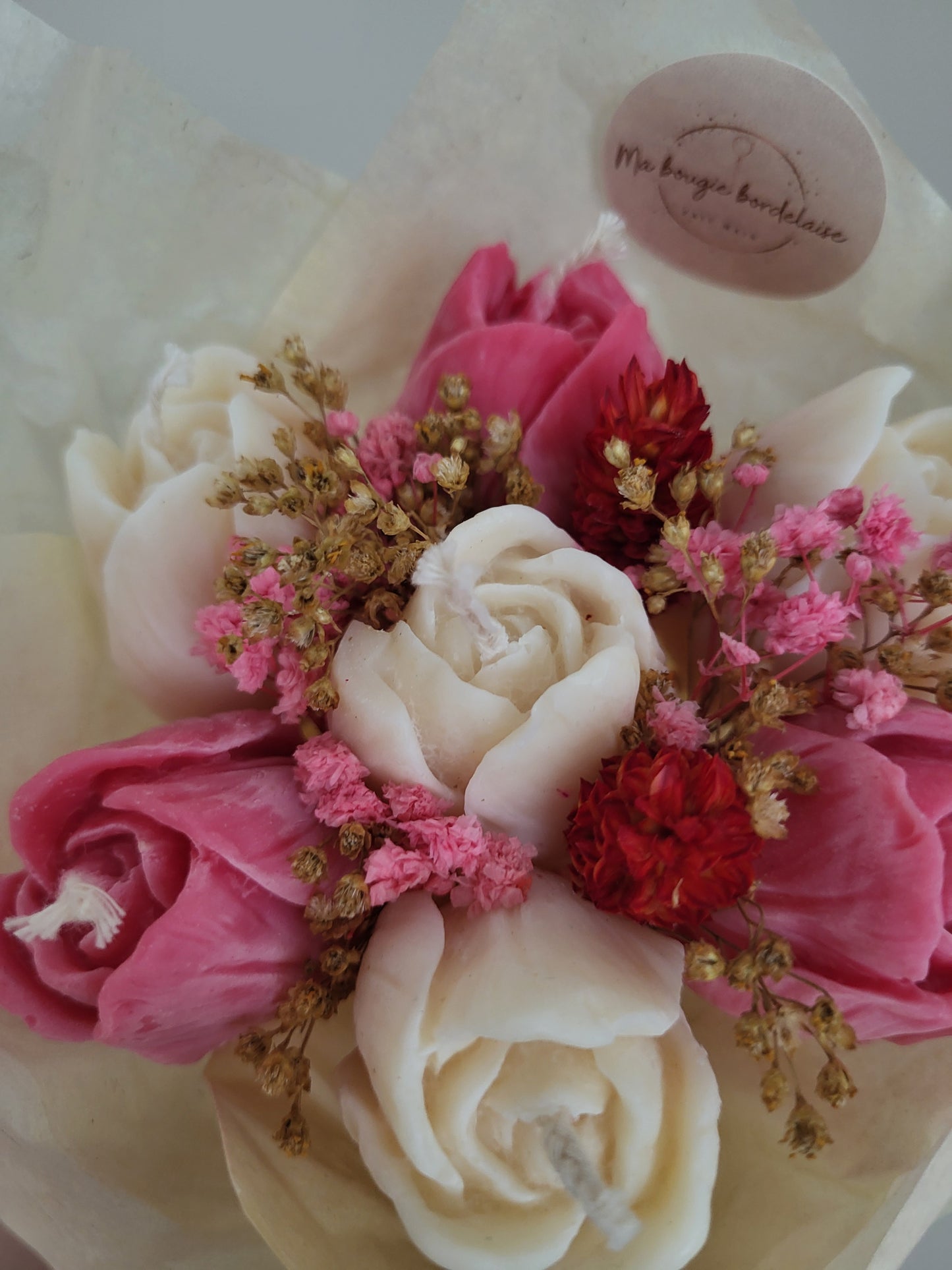 Bouquet de 7 tulipes en bougies - taille S (rose et blanc)