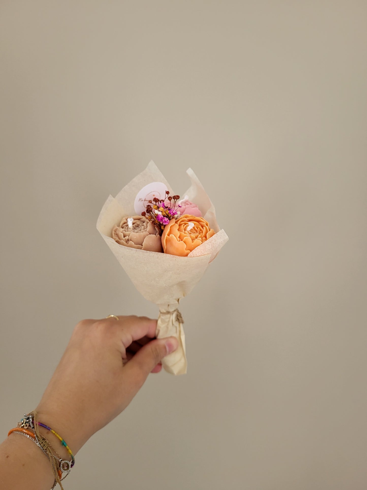 Bouquet de 3 pivoines en bougies - taille S (rose-orange-marron)