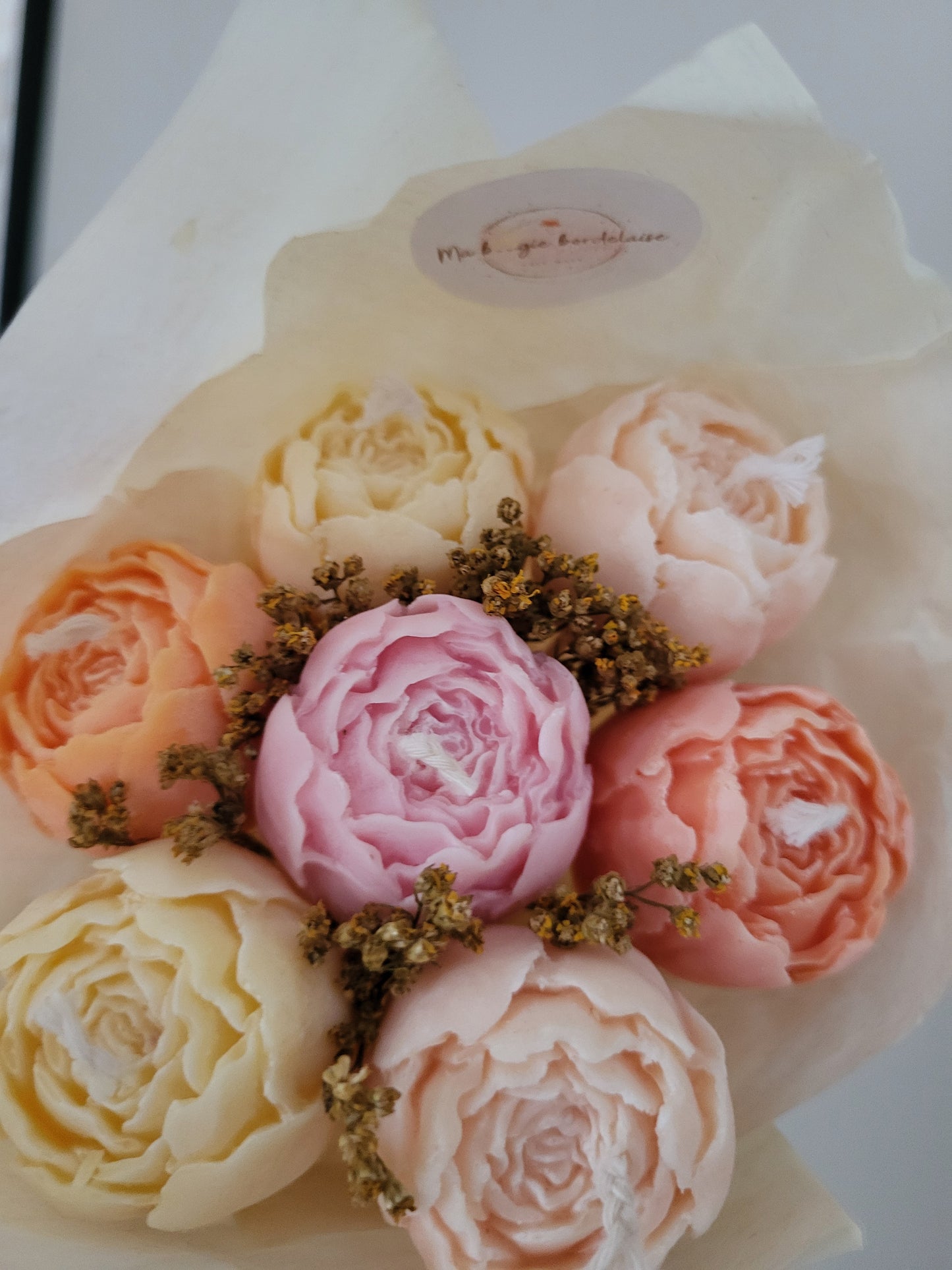 Bouquet de 7 roses en bougies - taille S (rose-orange-saumon-jaune)