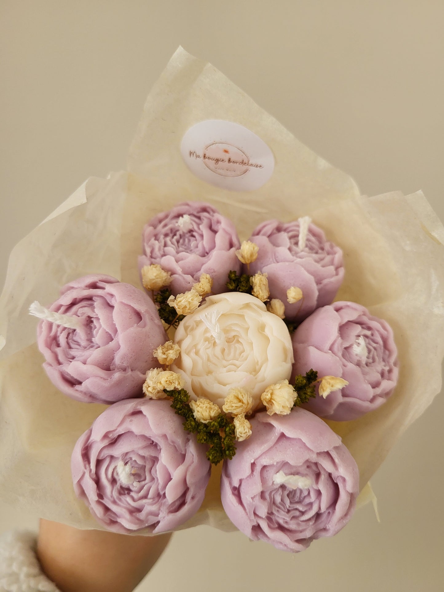 Bouquet de 7 pivoines en bougies - taille S (violet et blanc)