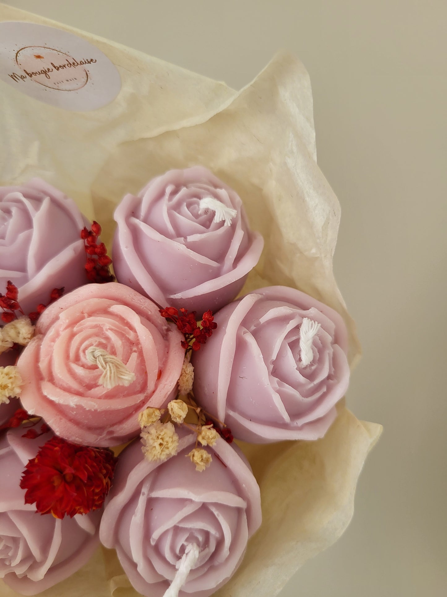 Bouquet de 7 roses en bougies - taille S (rose et violet)