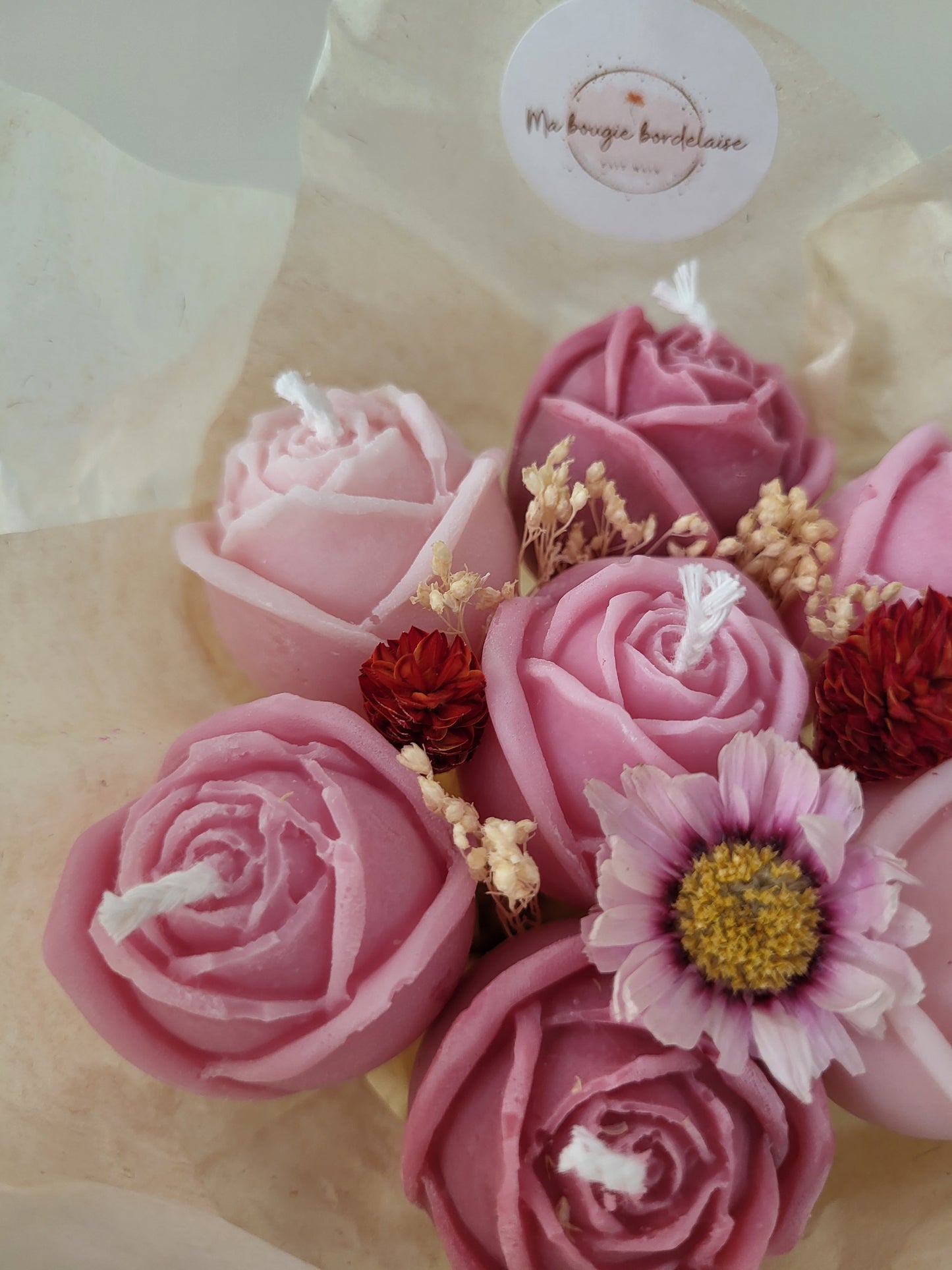 Bougie fleurie artisanale - Bouquet Rose