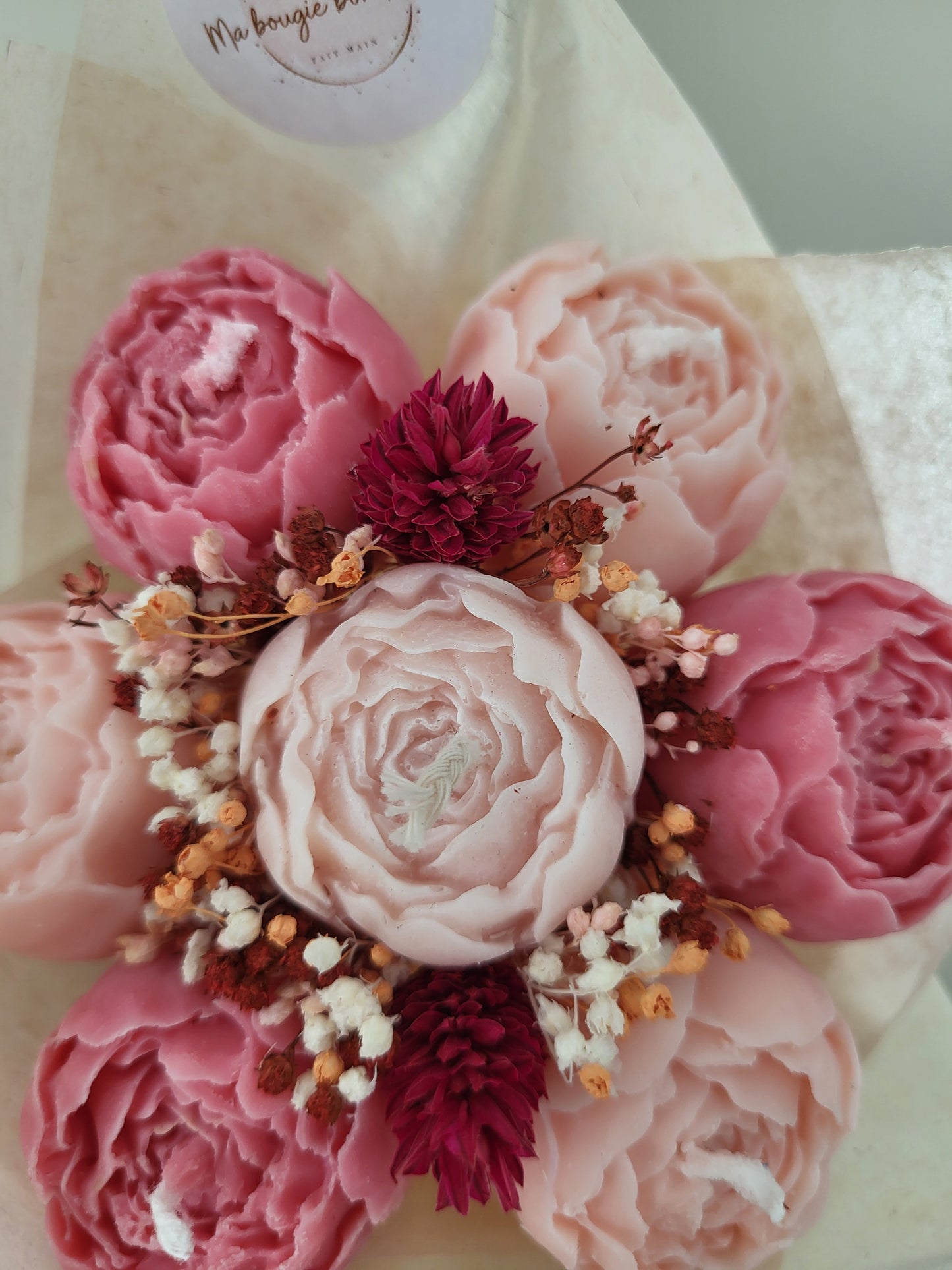 Bouquet de 7 pivoines en bougies - taille S (nuances de roses)